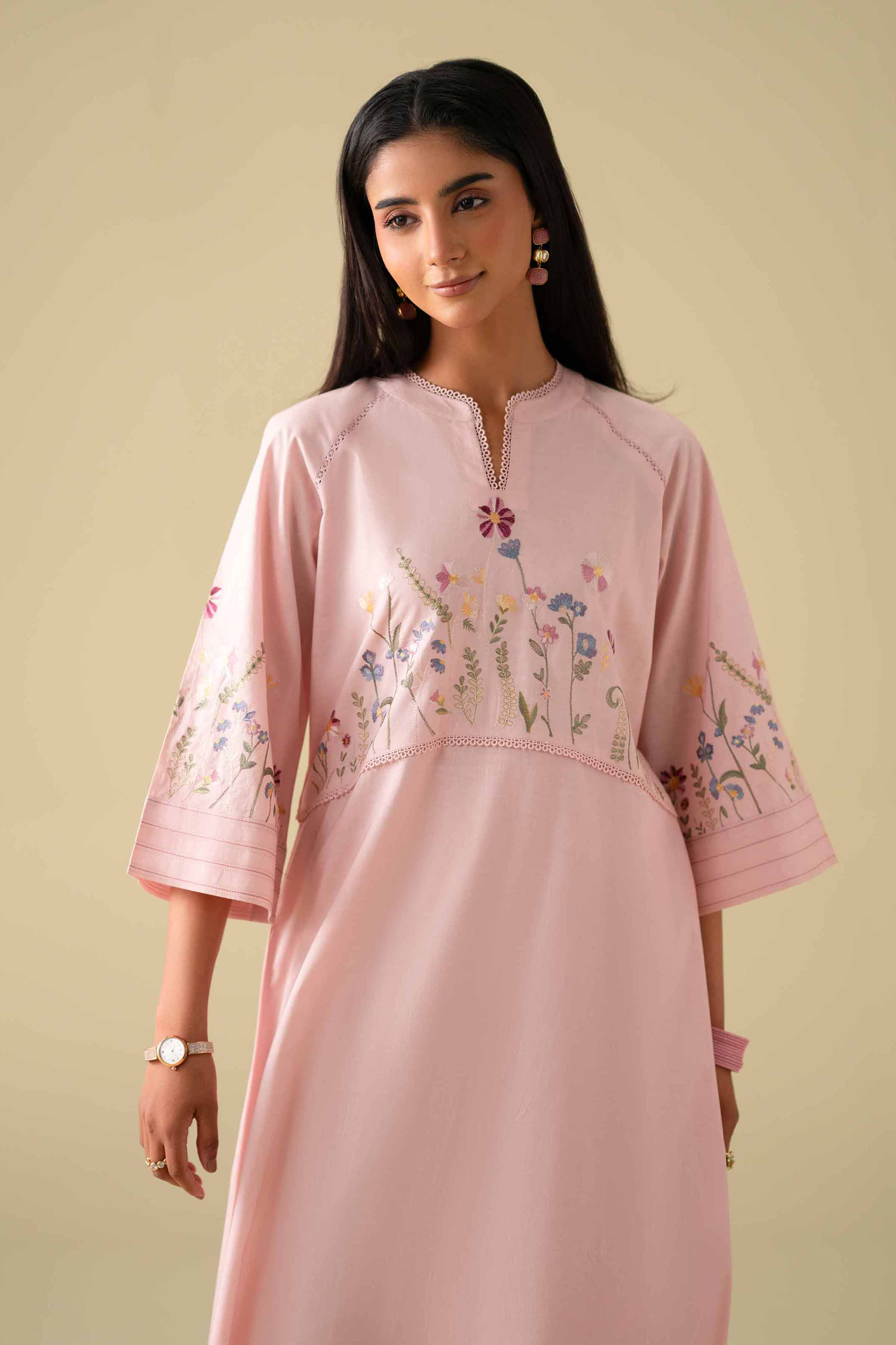 2 Piece - Embroidered Suit - KFE26-02 Pink Cambric 2PC Embroidered LUXURY