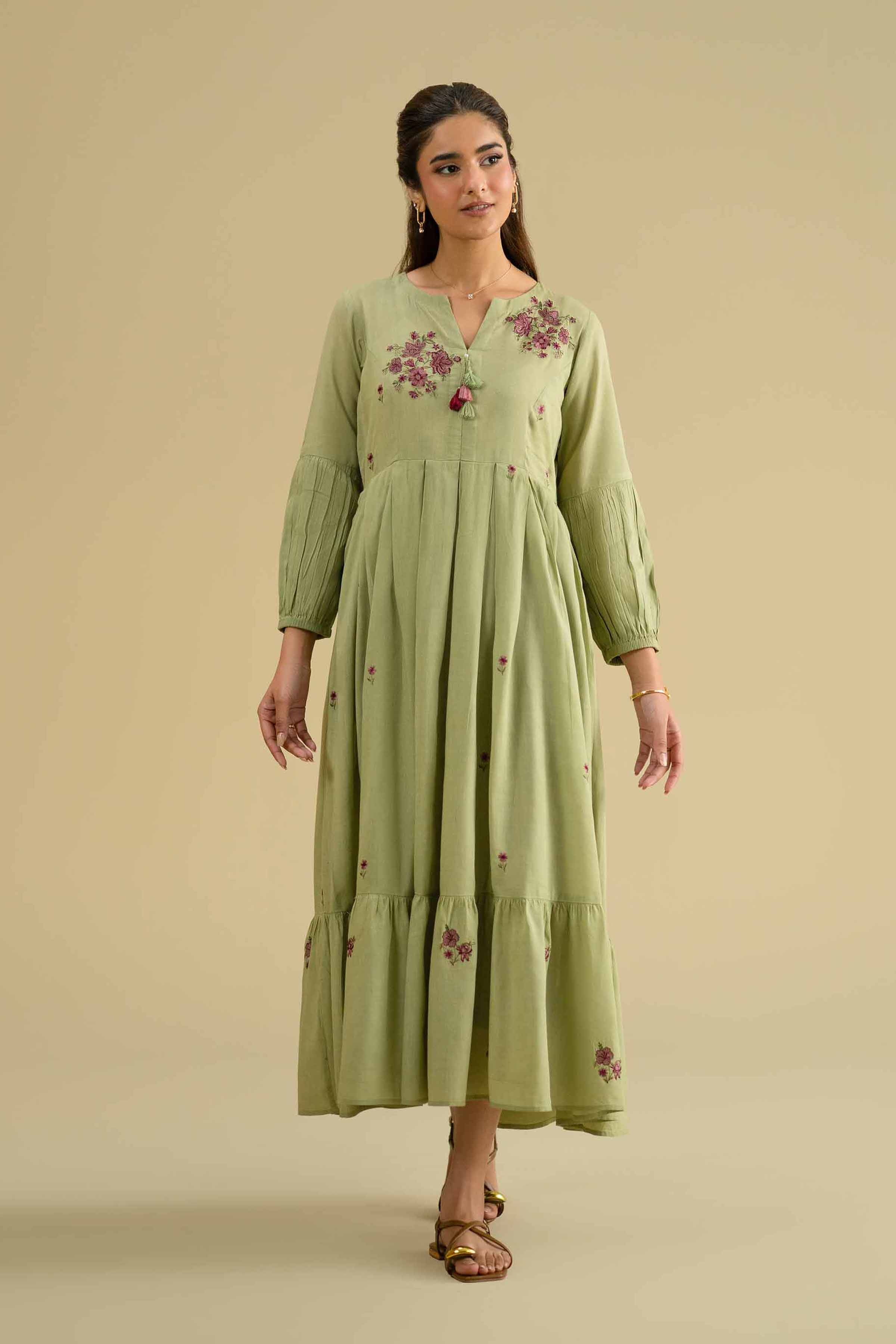 Embroidered Dress - KFE26-06 Green Yarn Dyed 1PC Embroidered LUXURY