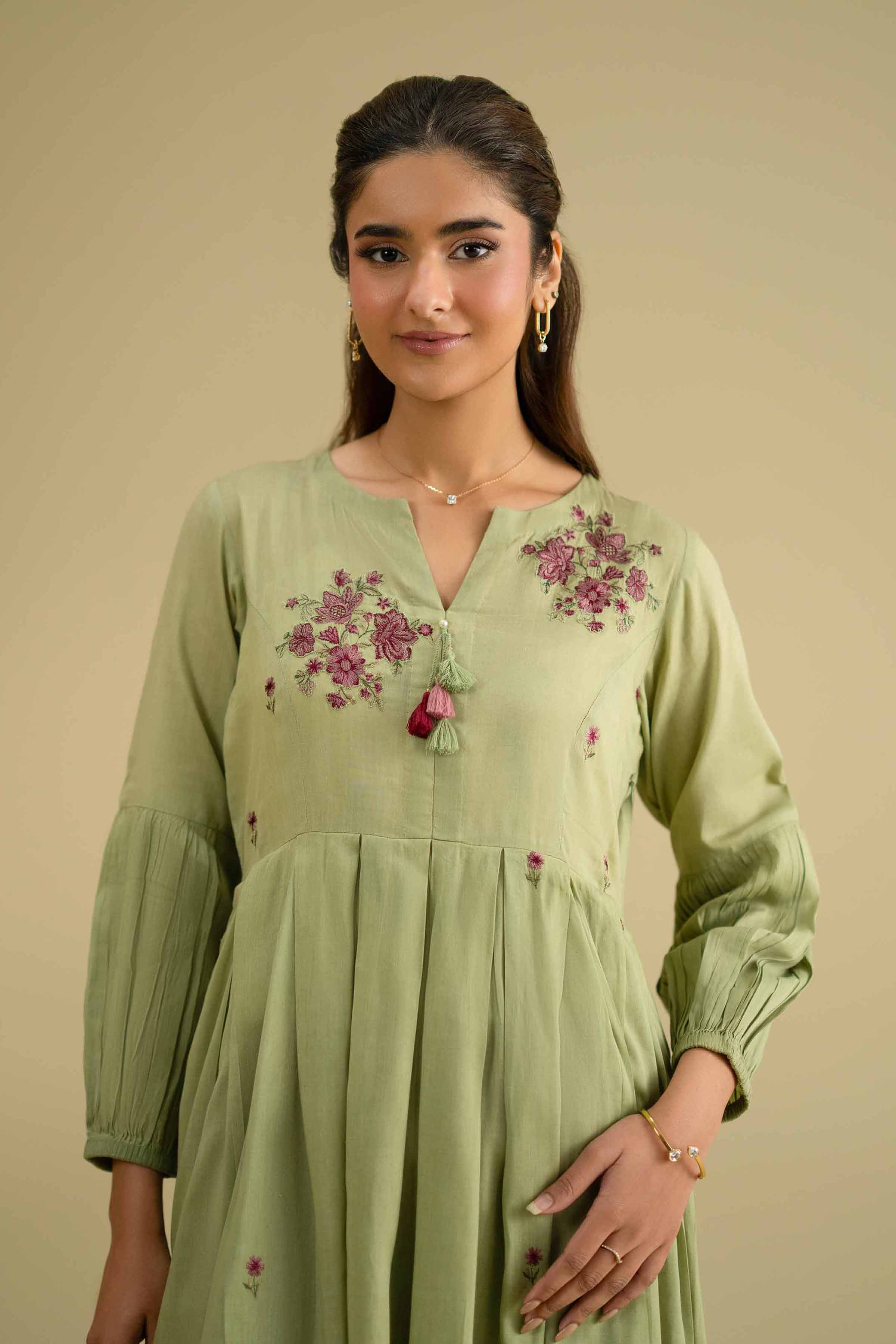Embroidered Dress - KFE26-06 Green Yarn Dyed 1PC Embroidered LUXURY