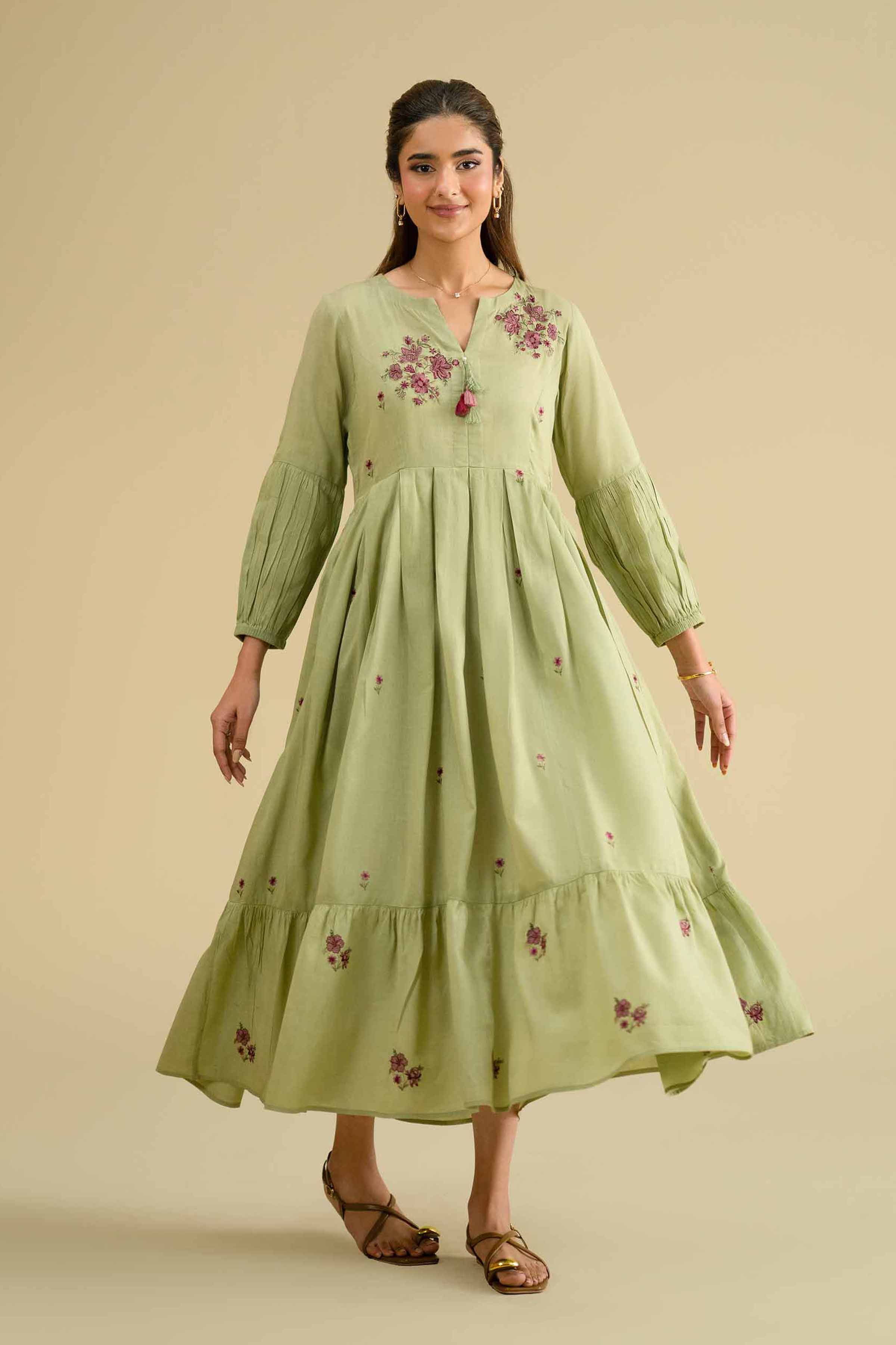 Embroidered Dress - KFE26-06 Green Yarn Dyed 1PC Embroidered LUXURY