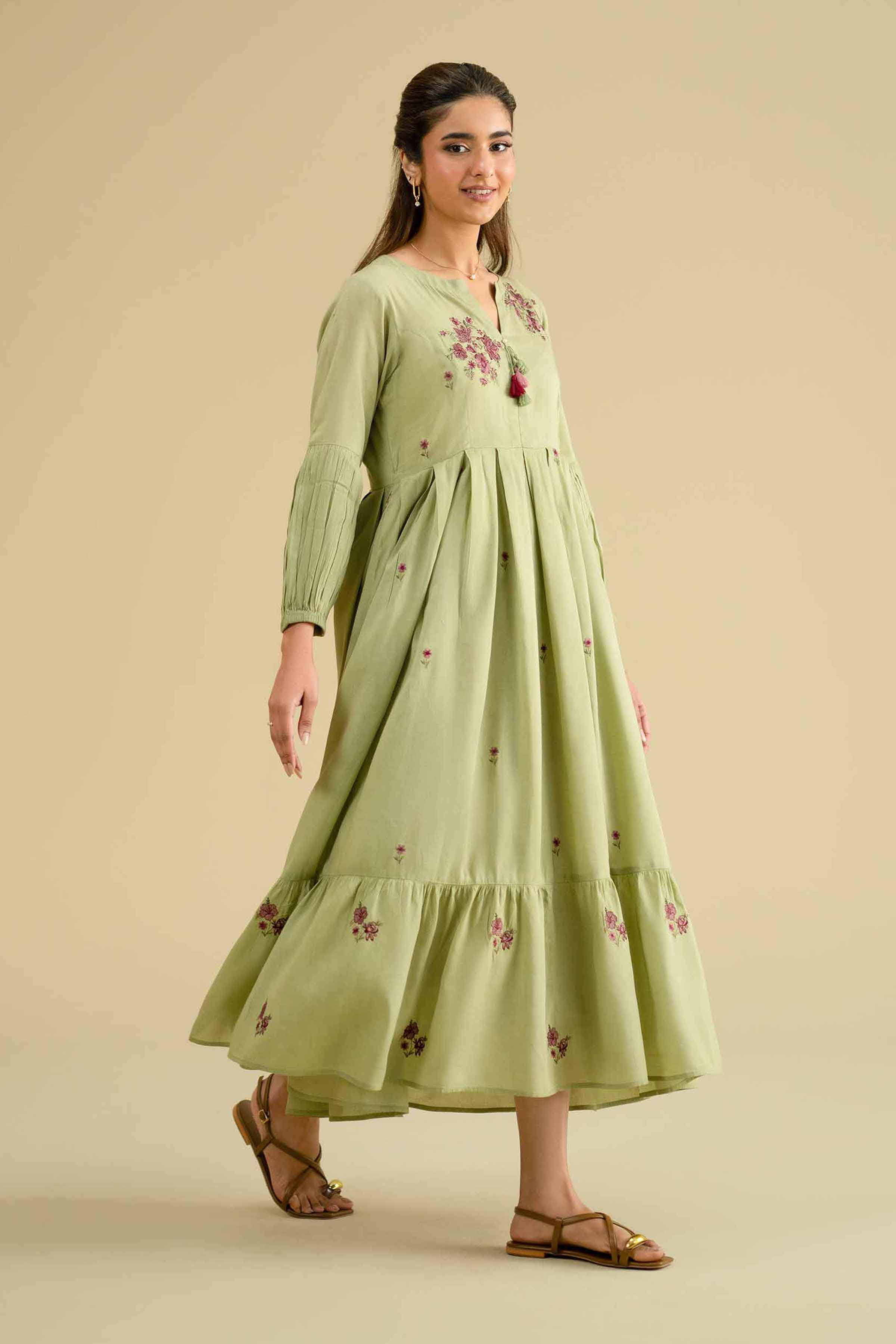 Embroidered Dress - KFE26-06 Green Yarn Dyed 1PC Embroidered LUXURY