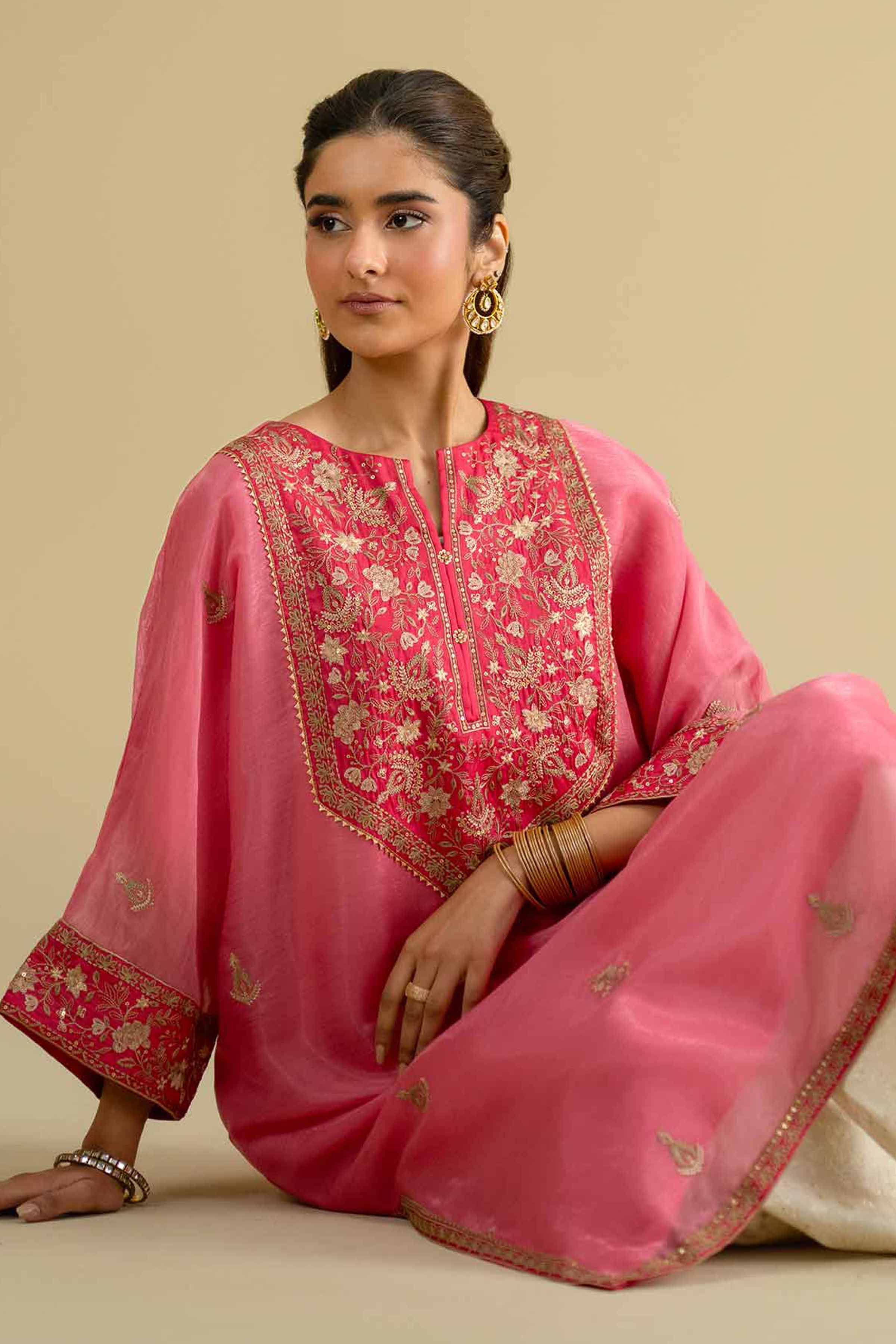 Embroidered Shirt - KFE26-07 Pink  Silk 1PC Embroidered LUXURY