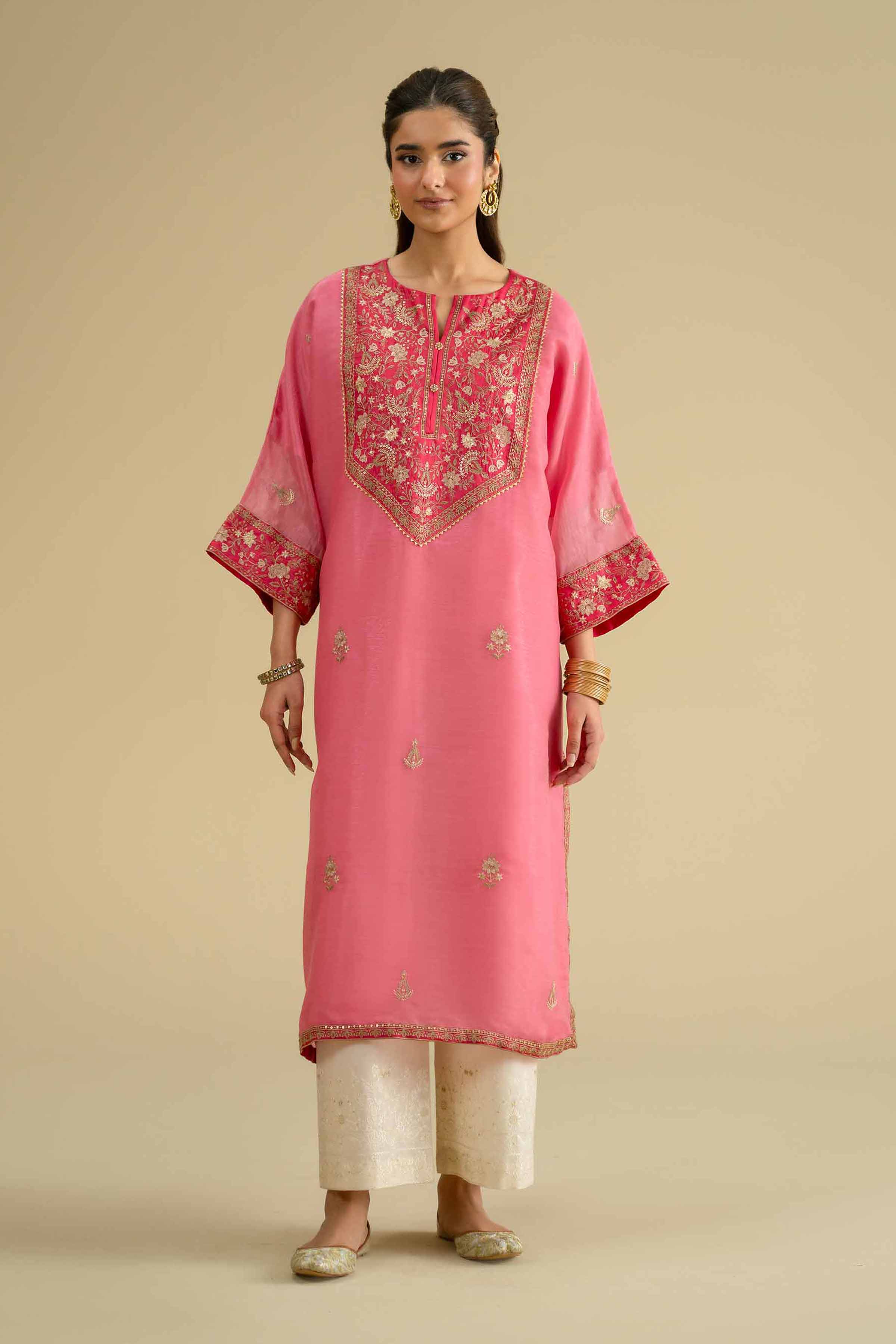 Embroidered Shirt - KFE26-07 Pink  Silk 1PC Embroidered LUXURY