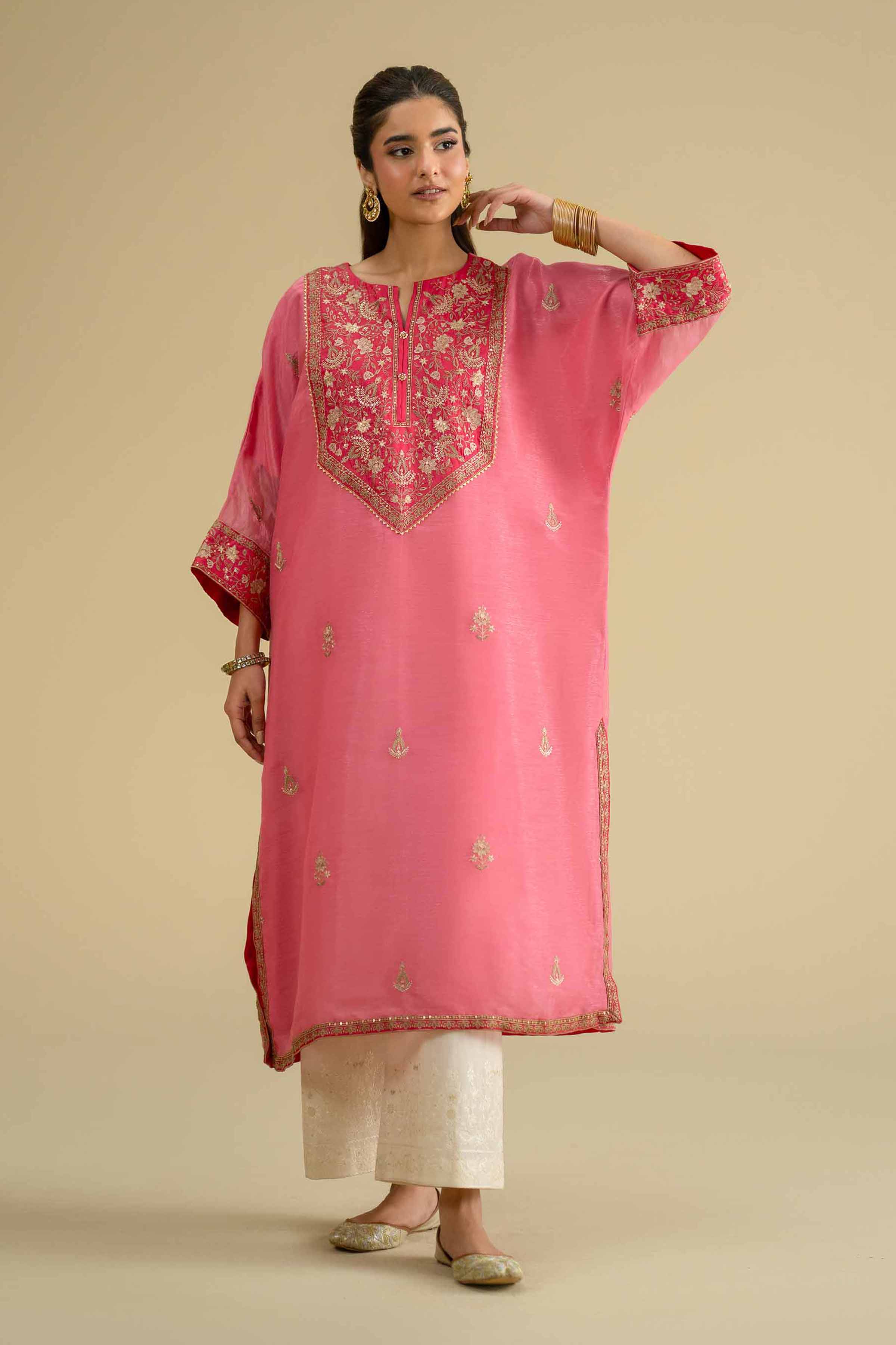 Embroidered Shirt - KFE26-07 Pink  Silk 1PC Embroidered LUXURY