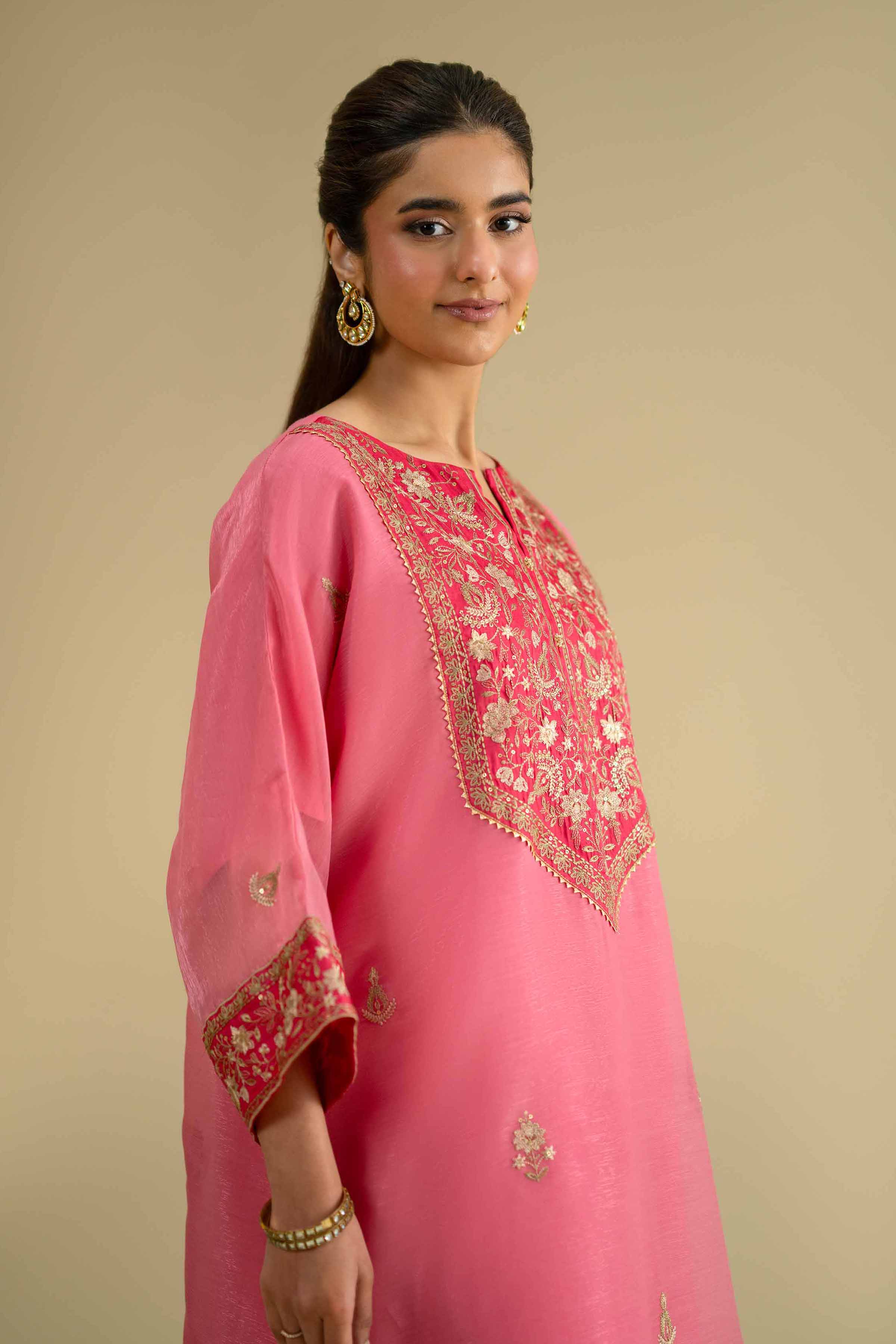 Embroidered Shirt - KFE26-07 Pink  Silk 1PC Embroidered LUXURY