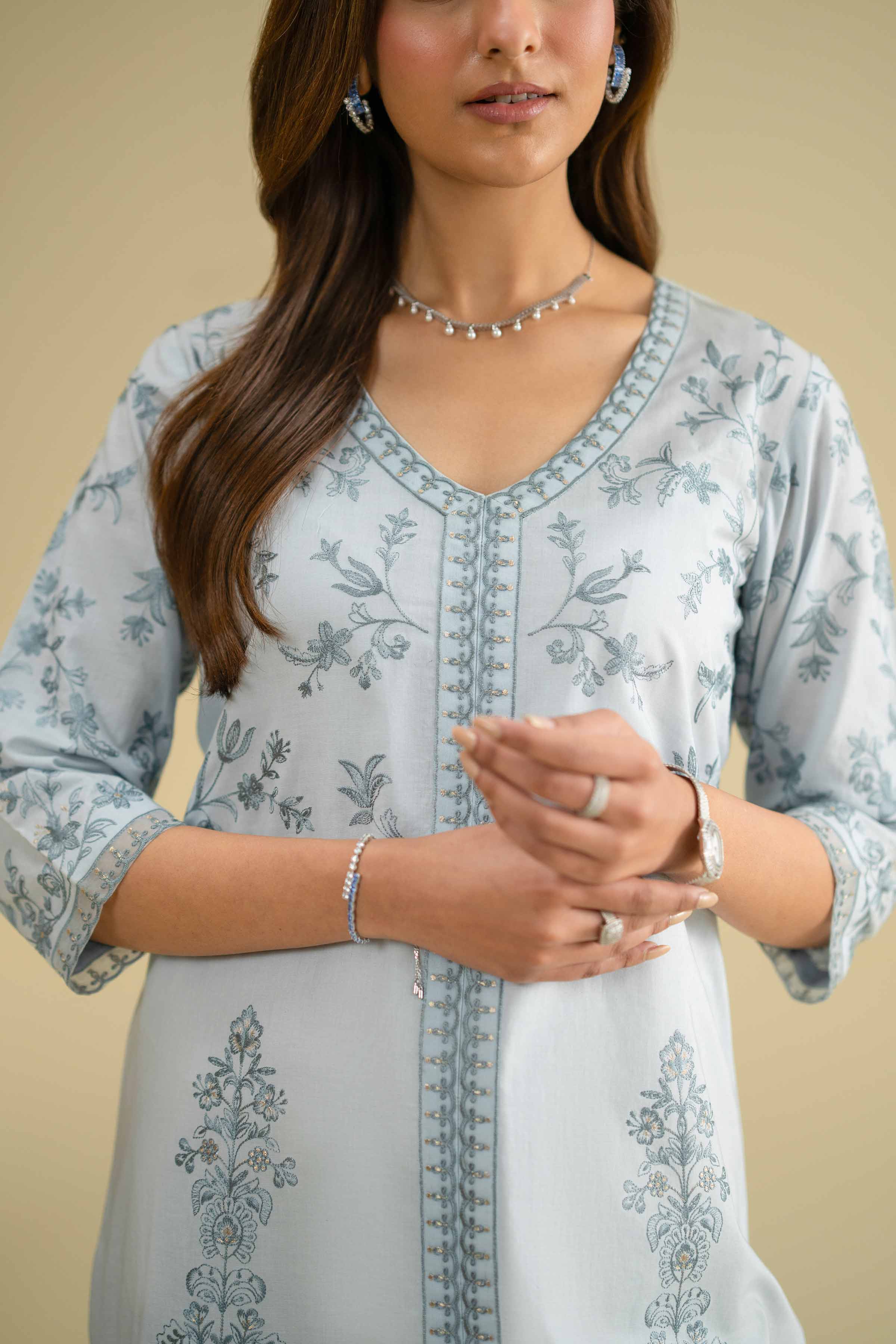 Embroidered Shirt - KFE26-08 Blue Cambric 1PC Embroidered LUXURY