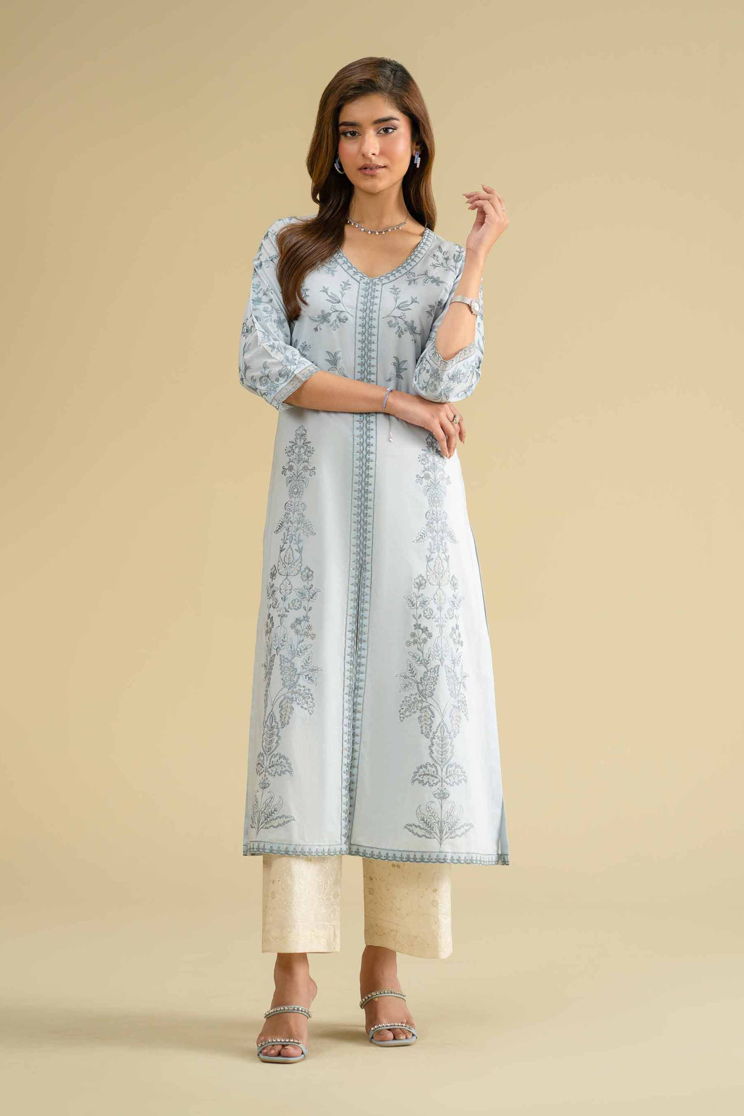 Embroidered Shirt - KFE26-08 Blue Cambric 1PC Embroidered LUXURY