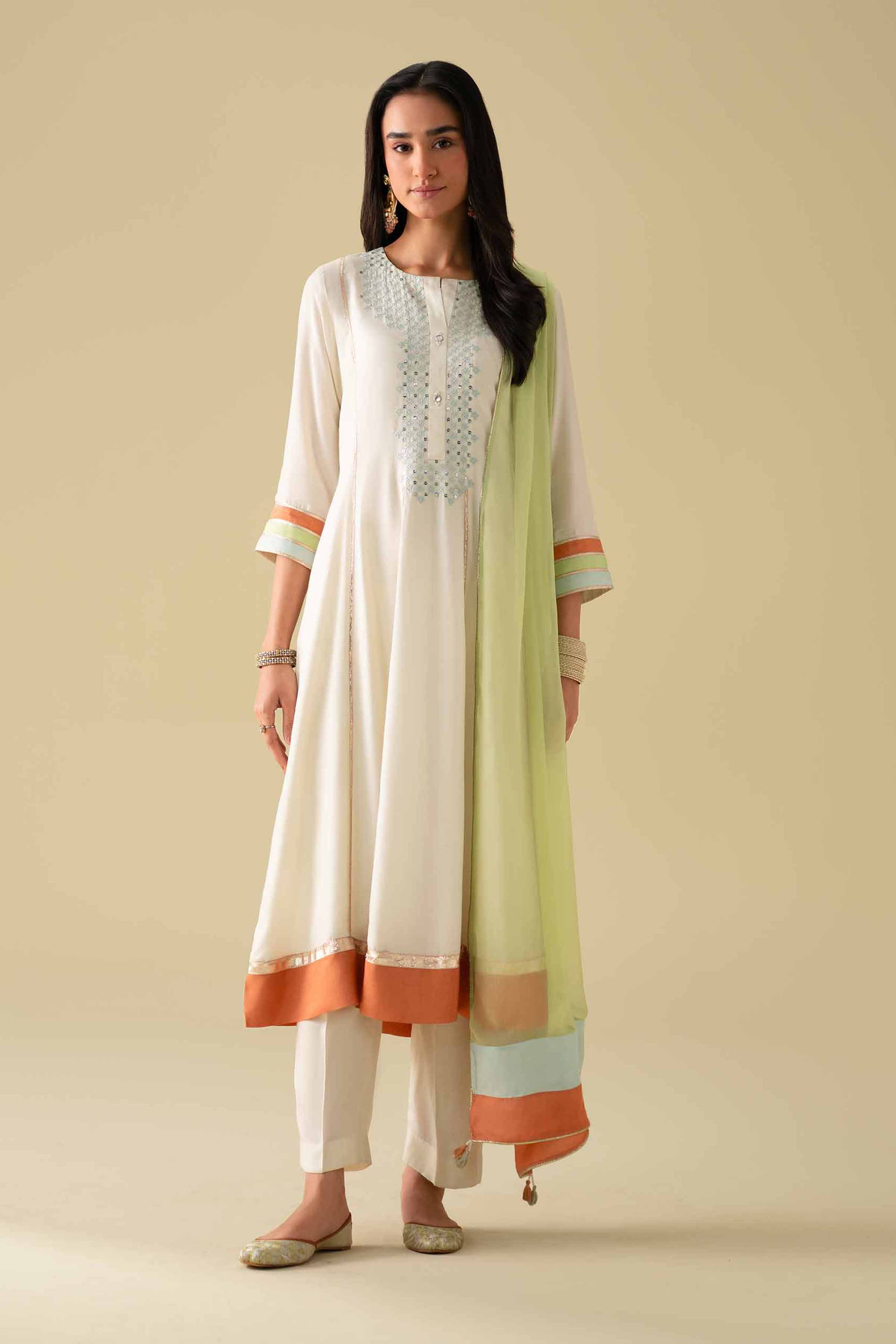 3 Piece - Embroidered Suit - KFE26-103 Ivory Silk 3PC Embroidered LUXURY