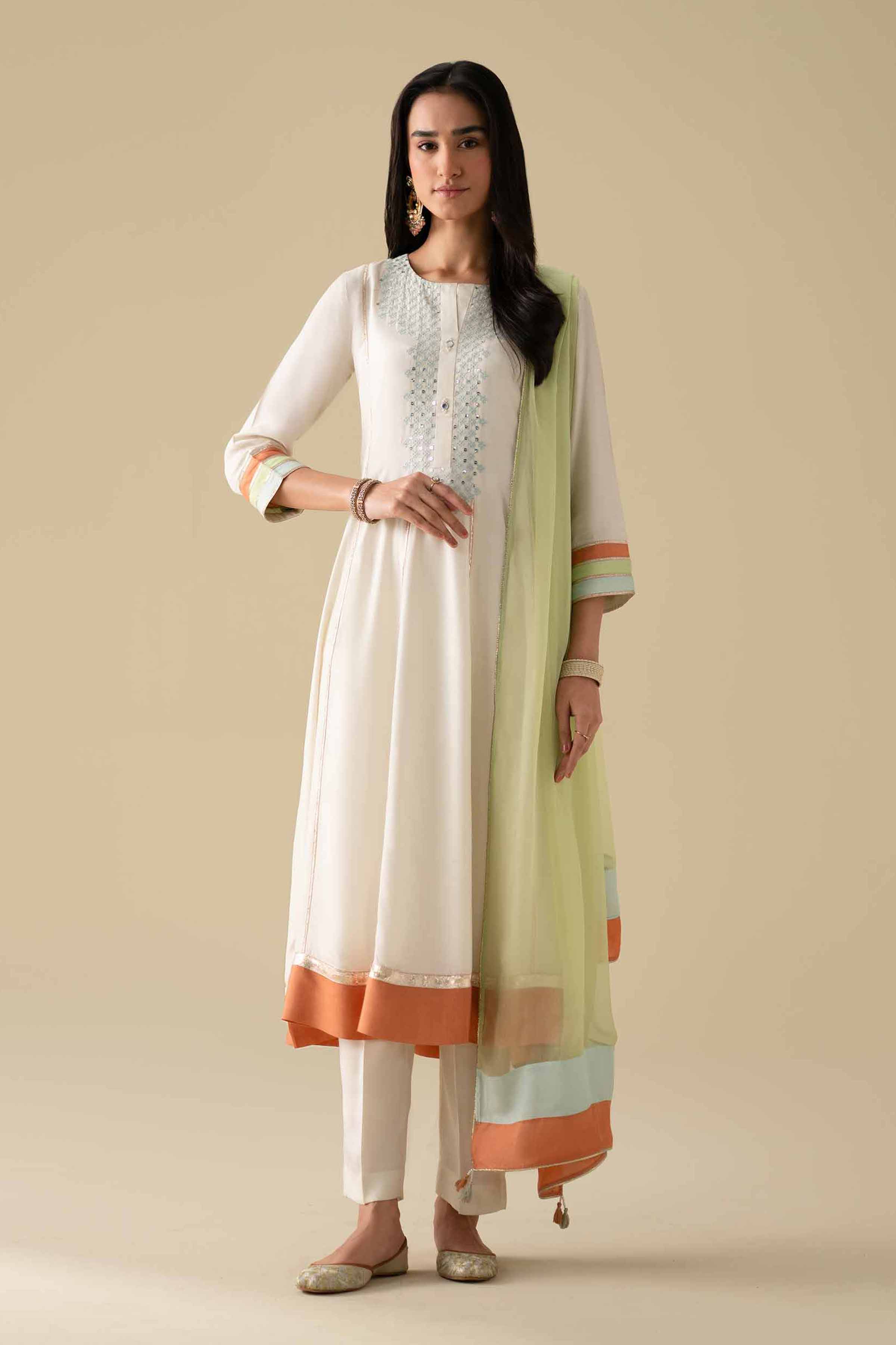 3 Piece - Embroidered Suit - KFE26-103 Ivory Silk 3PC Embroidered LUXURY