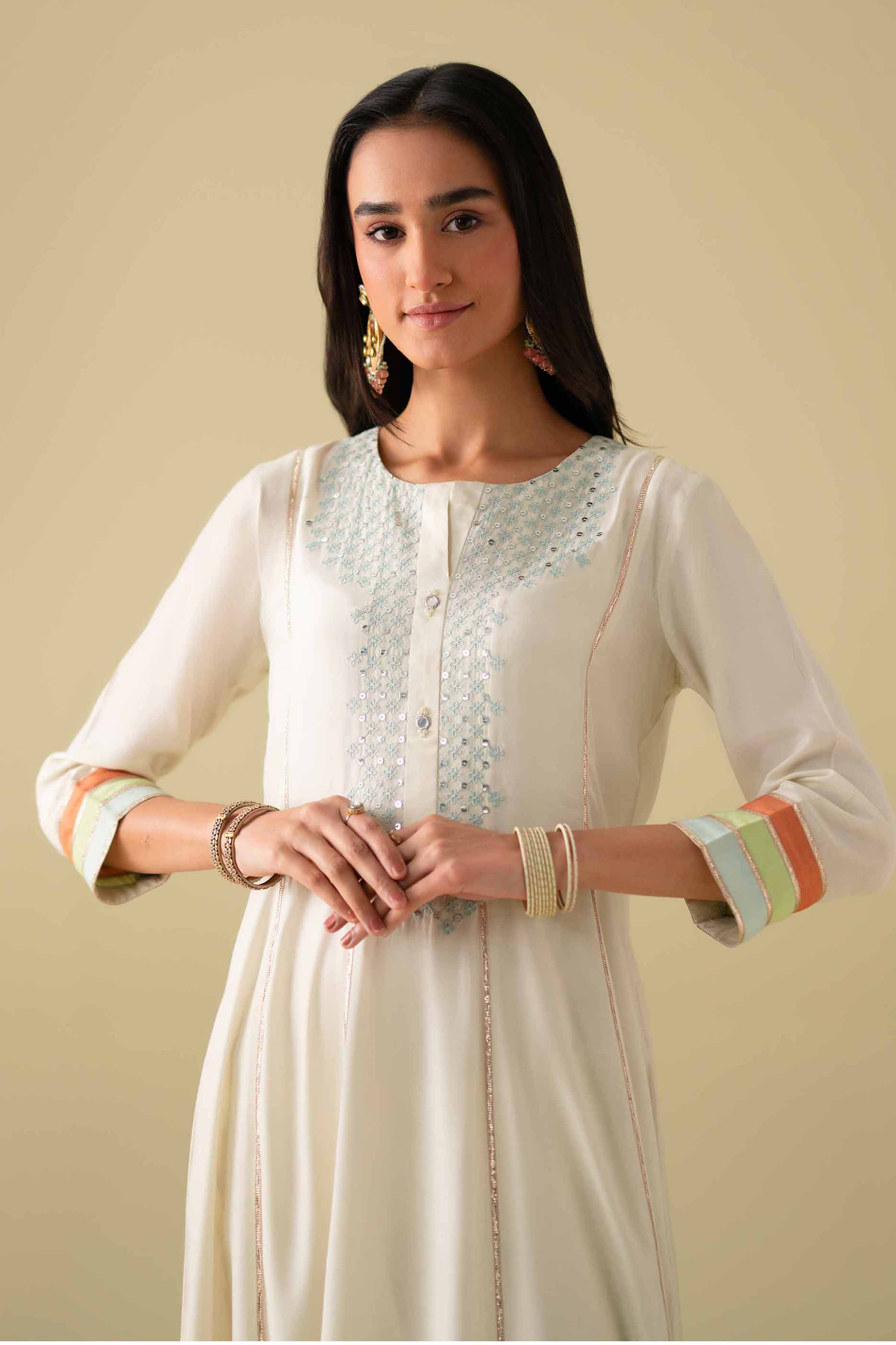 3 Piece - Embroidered Suit - KFE26-103 Ivory Silk 3PC Embroidered LUXURY