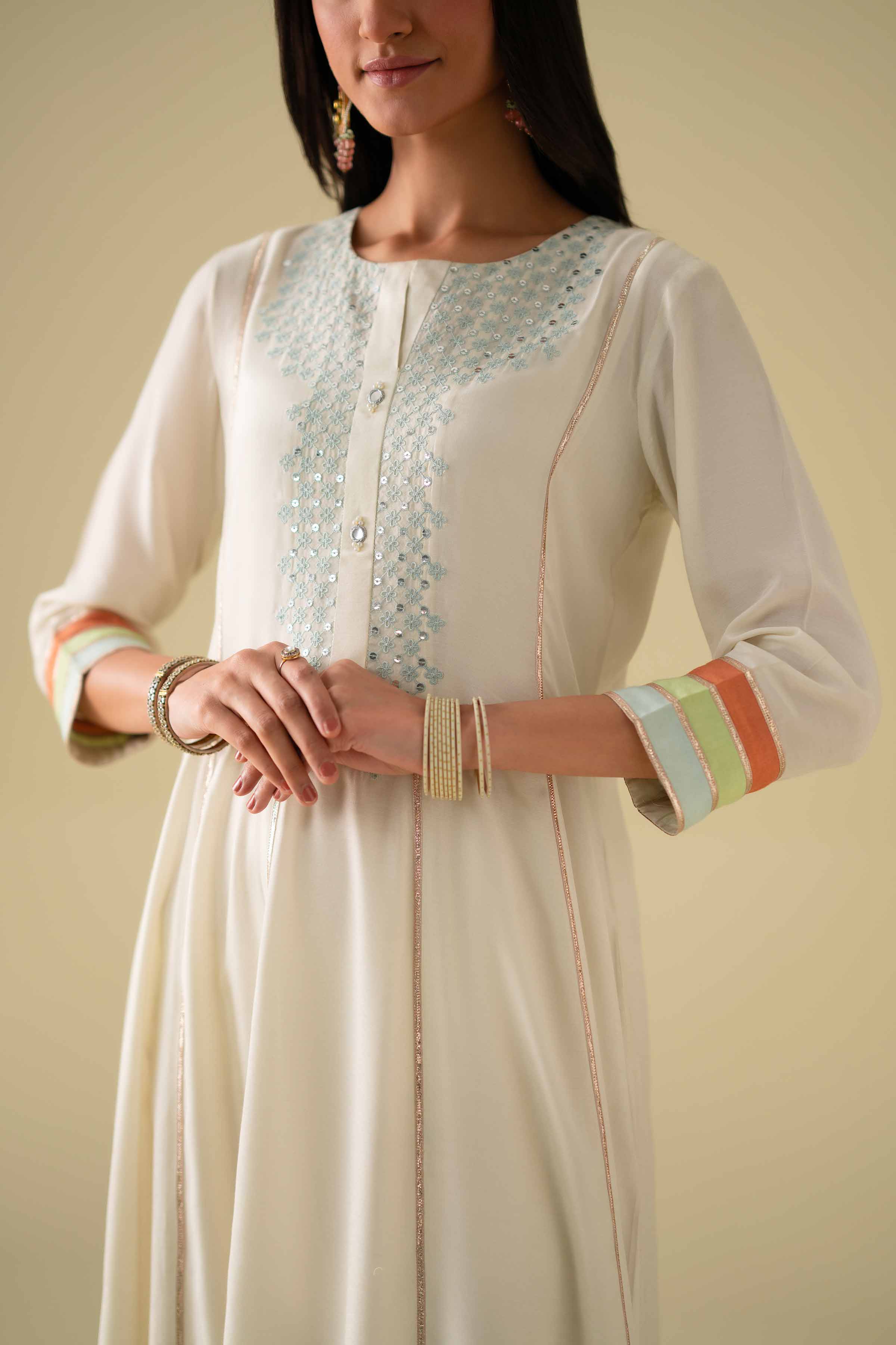 3 Piece - Embroidered Suit - KFE26-103 Ivory Silk 3PC Embroidered LUXURY