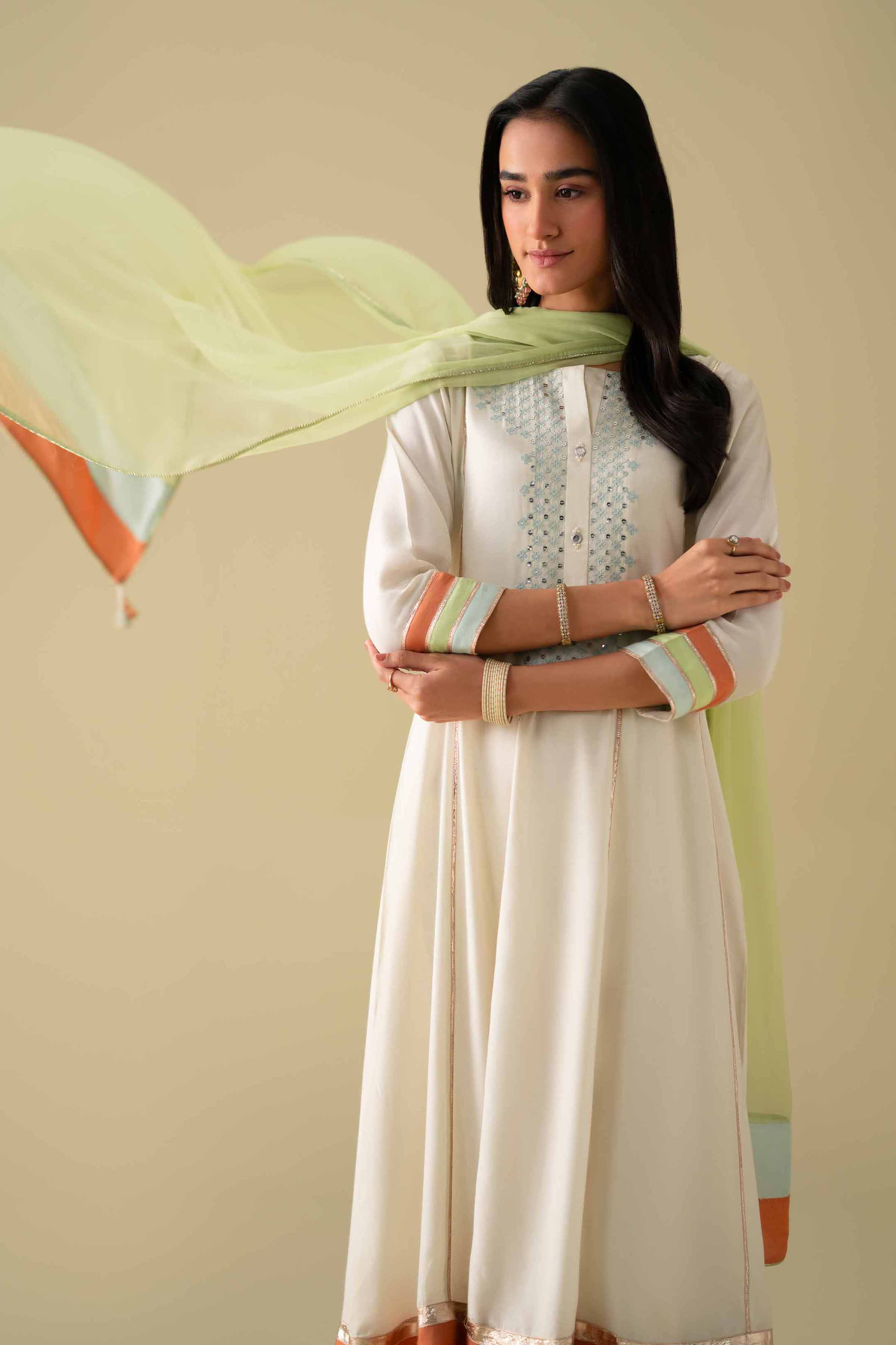 3 Piece - Embroidered Suit - KFE26-103 Ivory Silk 3PC Embroidered LUXURY