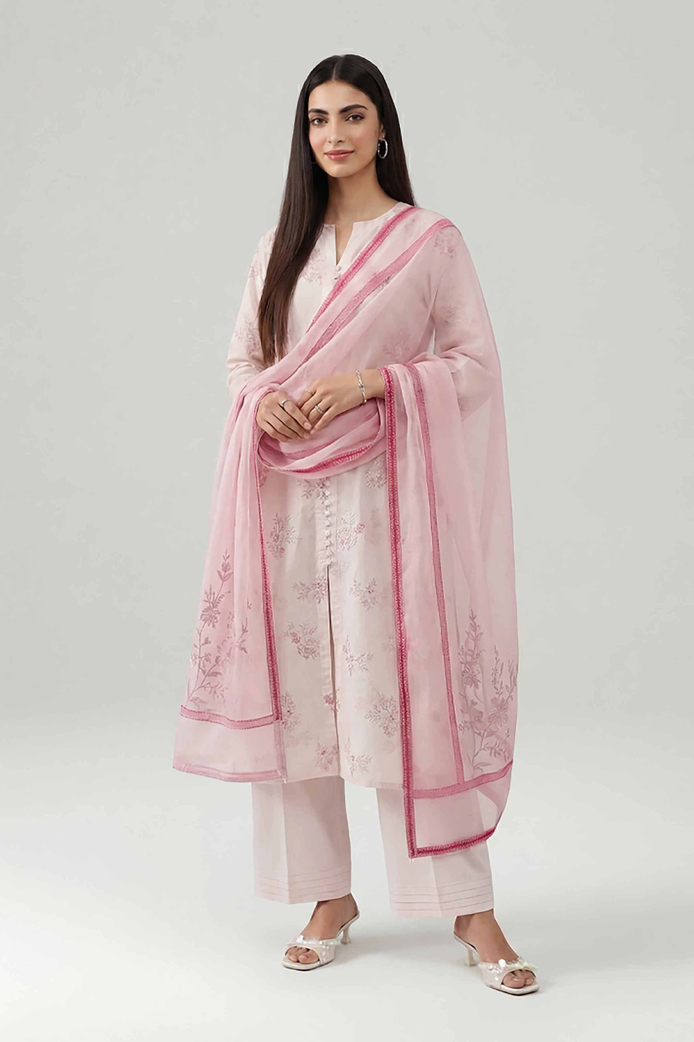 3 Piece - Printed Embroidered Suit - KFE26-107 Pink Cotton 3PC Embroidered READY TO WEAR