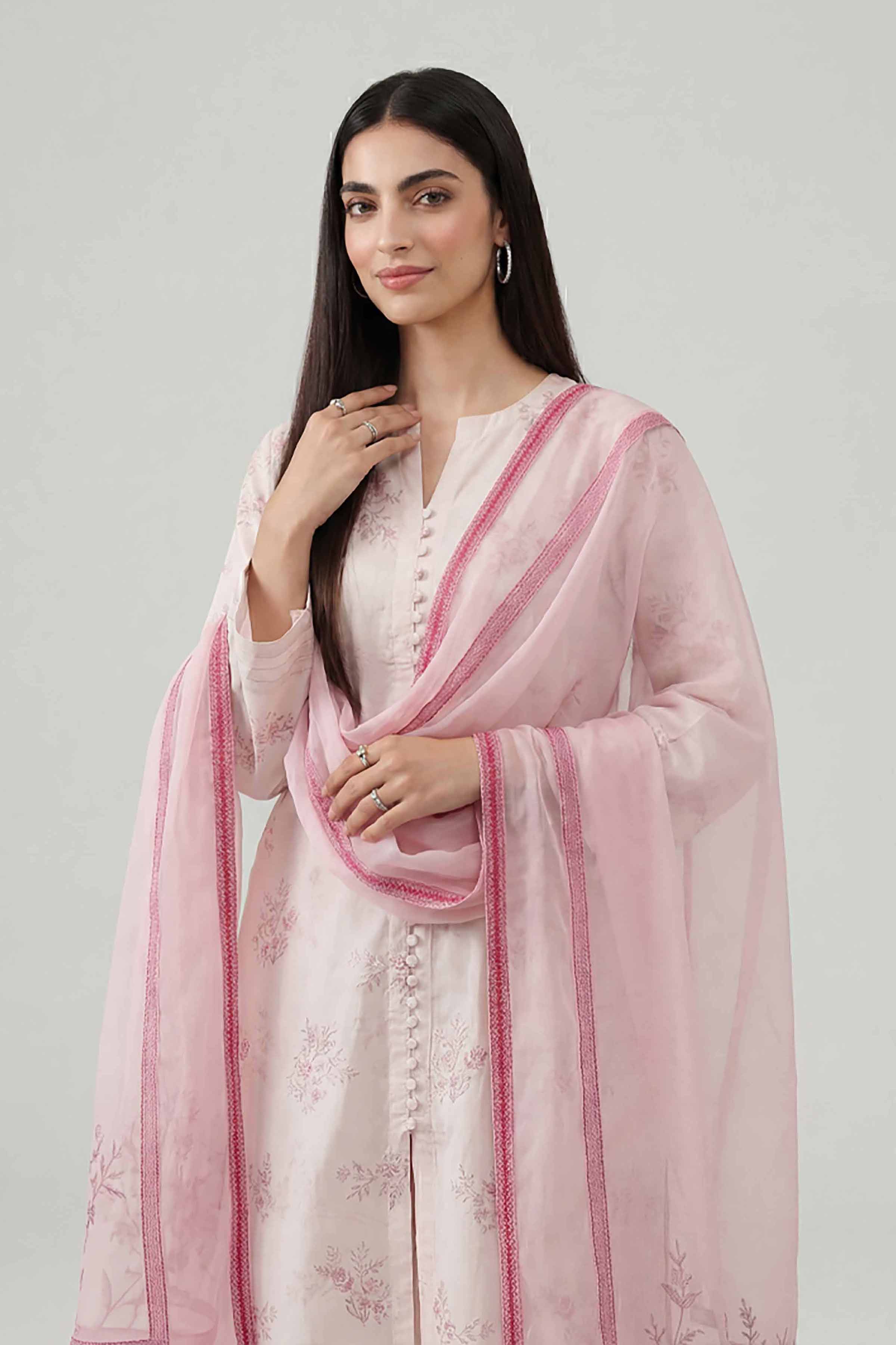 3 Piece - Printed Embroidered Suit - KFE26-107 Pink Cotton 3PC Embroidered READY TO WEAR