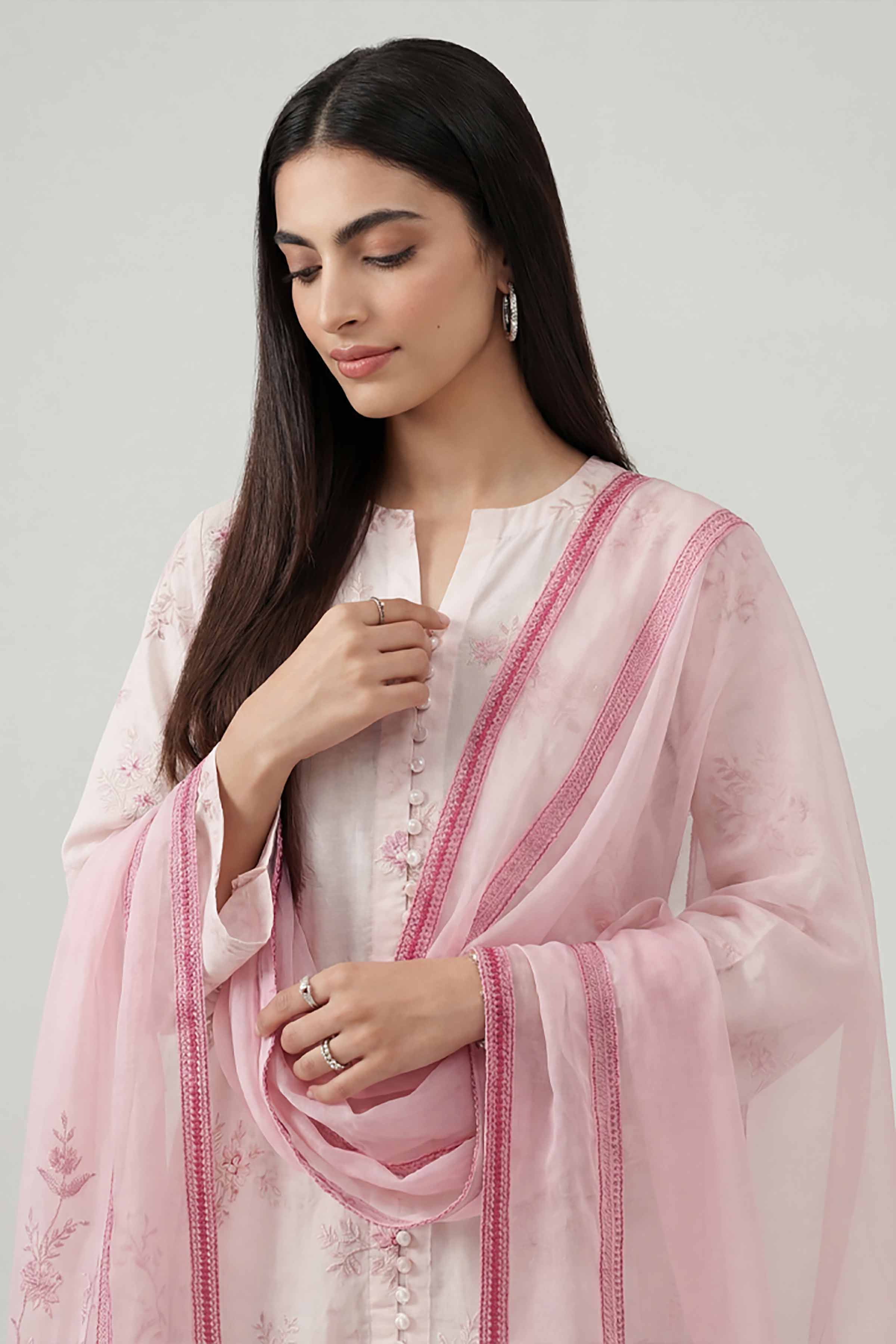 3 Piece - Printed Embroidered Suit - KFE26-107 Pink Cotton 3PC Embroidered READY TO WEAR