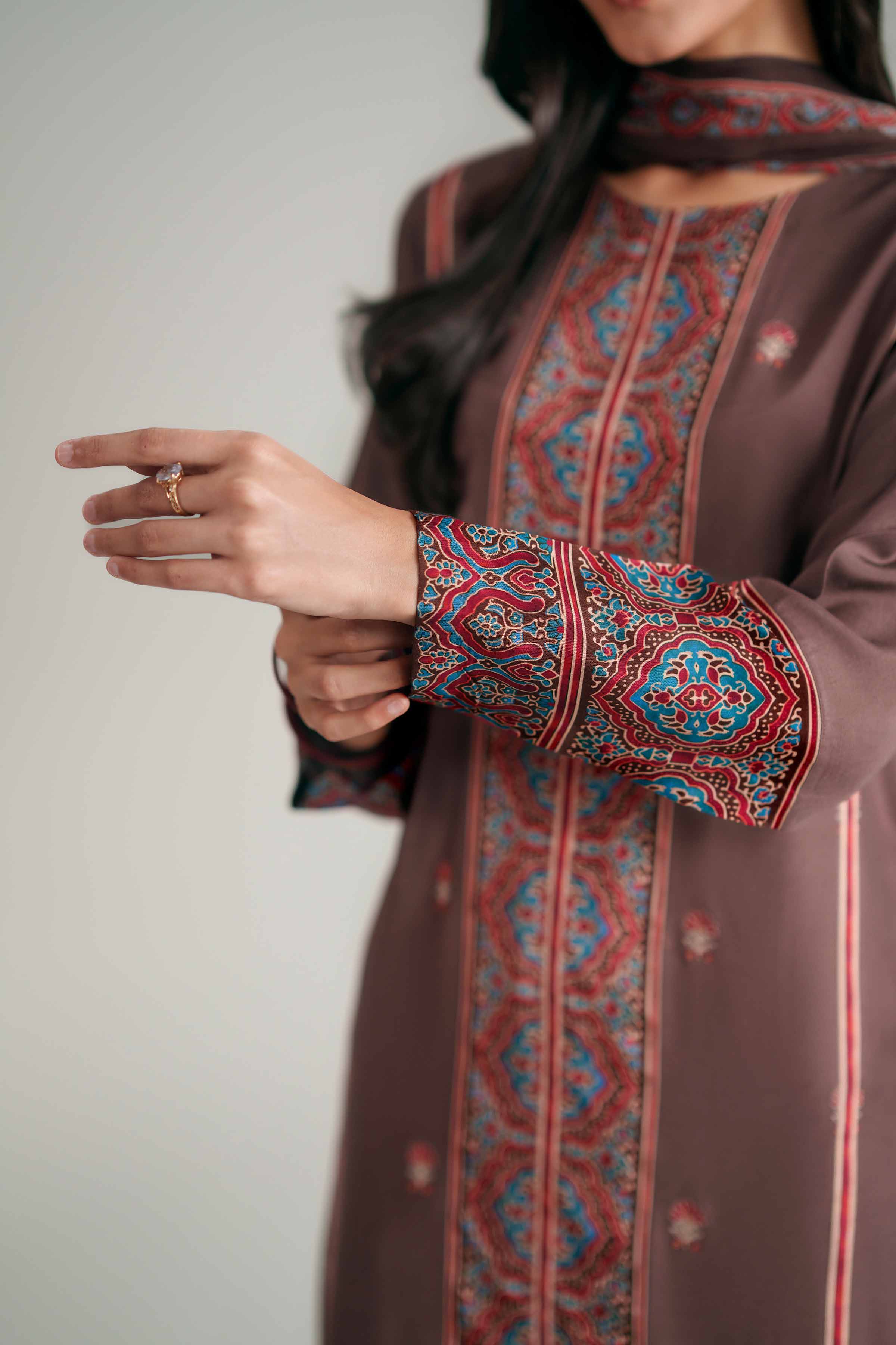 3 Piece - Printed Embroidered Suit - KFE26-110 Brown Silk 3PC Embroidered READY TO WEAR