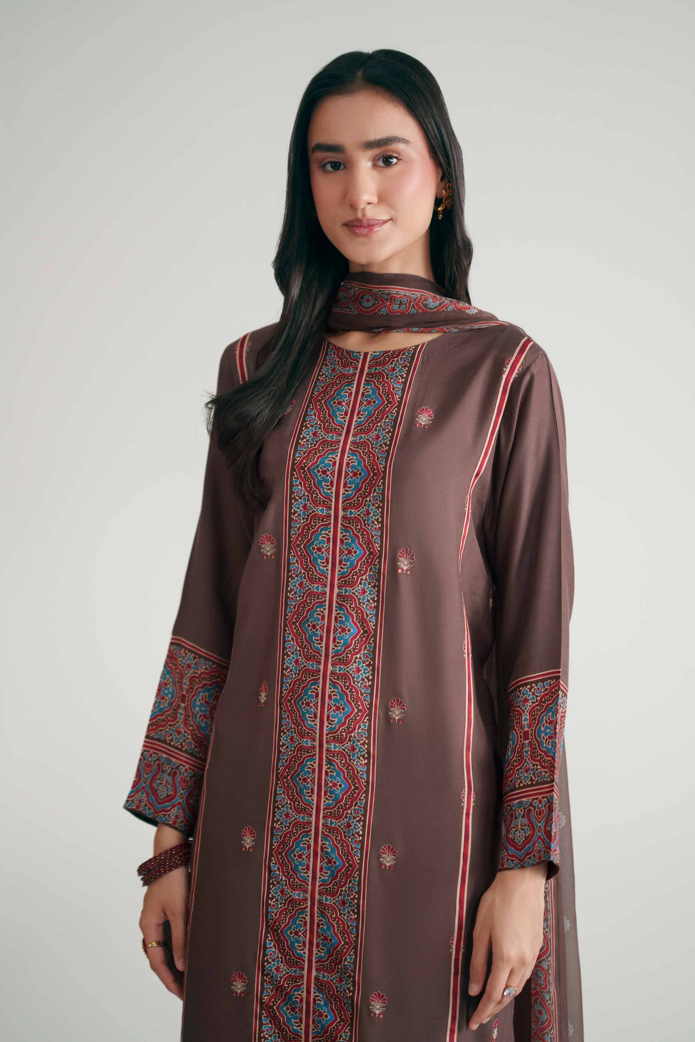 3 Piece - Printed Embroidered Suit - KFE26-110 Brown Silk 3PC Embroidered READY TO WEAR