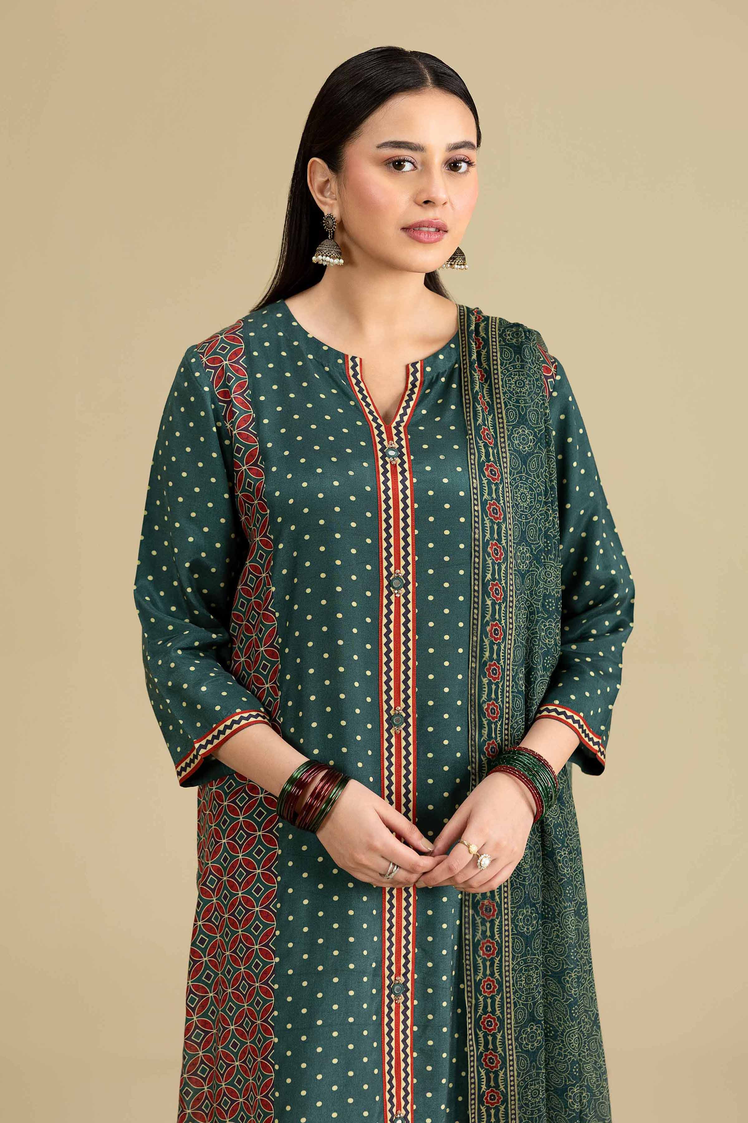 3 Piece - Printed Suit - KFE26-111 Green Silk 3PC Printed READY TO WEAR