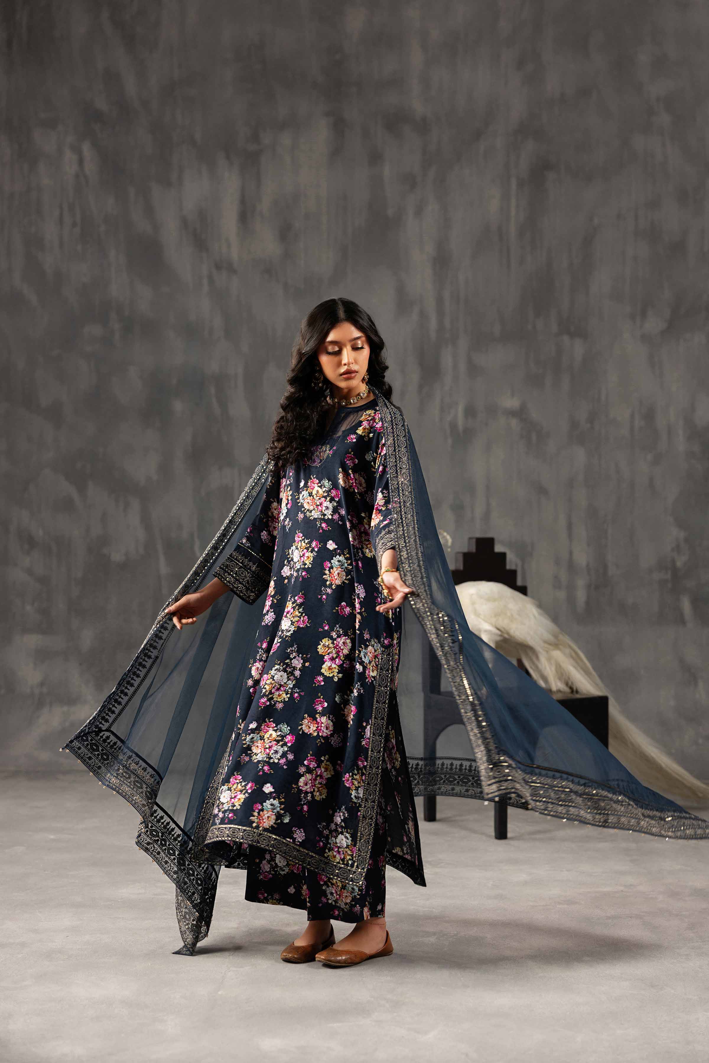 3 Piece - Printed Embroidered Suit - KFE26-118 Blue Silk 3PC Embroidered READY TO WEAR