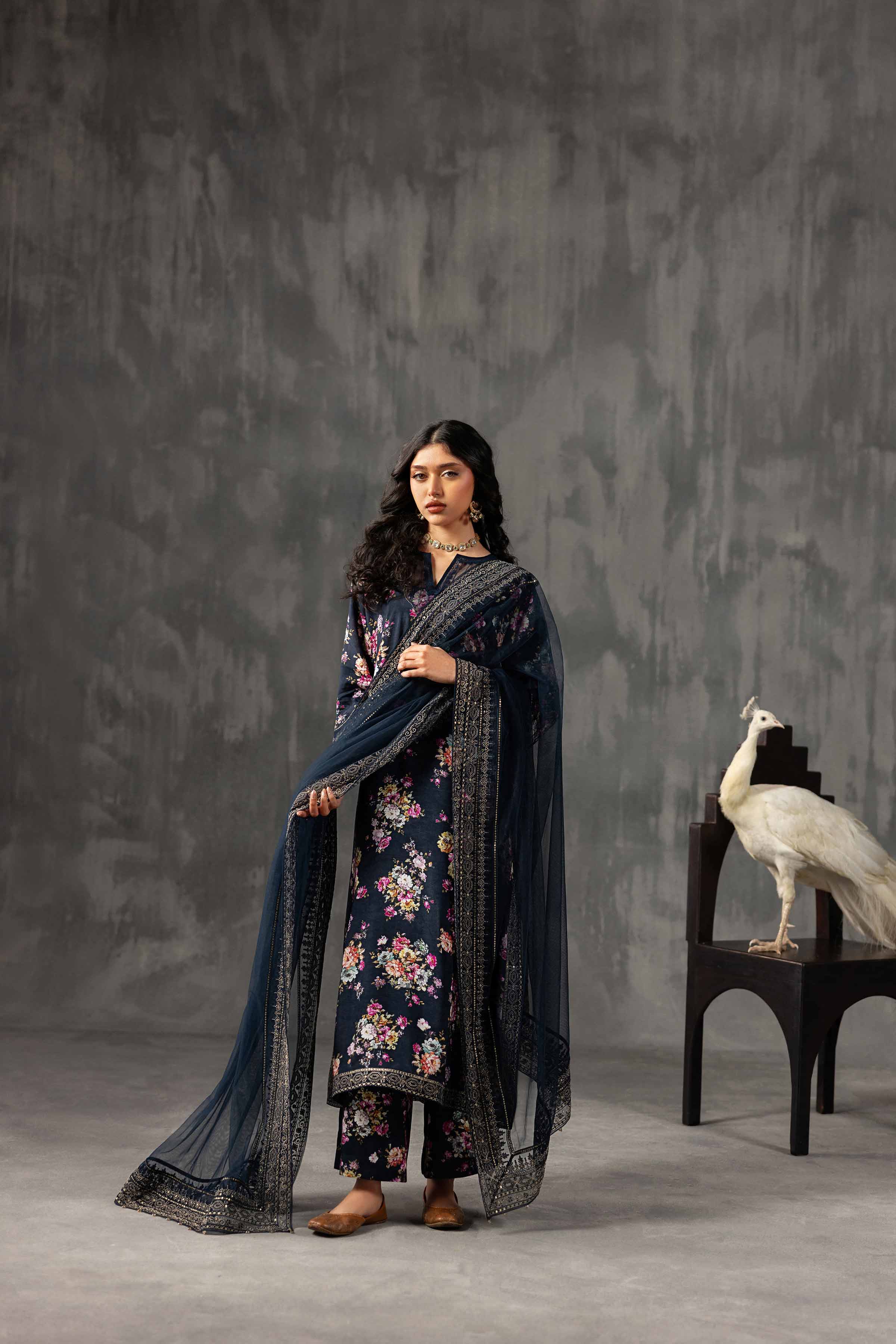 3 Piece - Printed Embroidered Suit - KFE26-118 Blue Silk 3PC Embroidered READY TO WEAR