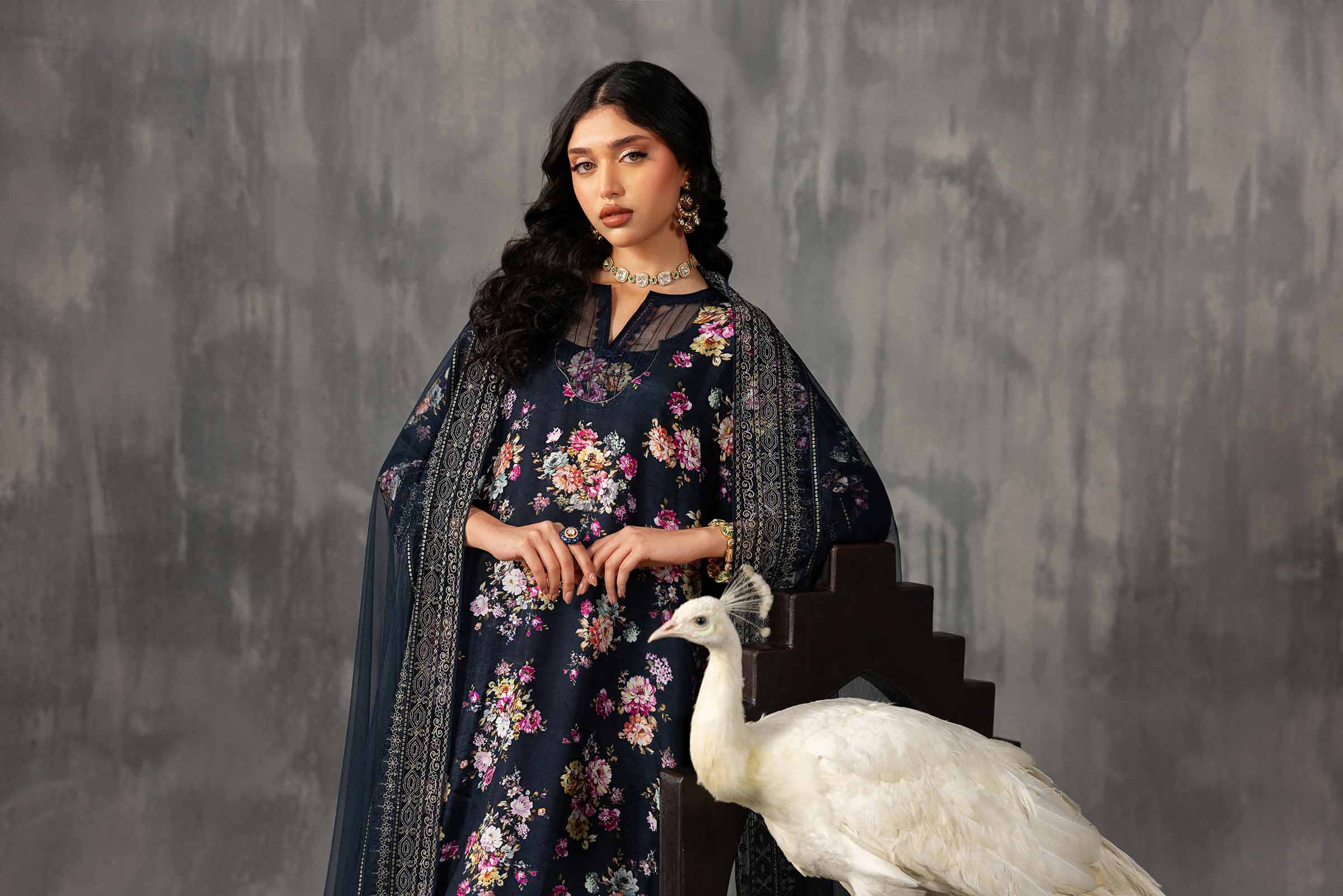 3 Piece - Printed Embroidered Suit - KFE26-118 Blue Silk 3PC Embroidered READY TO WEAR