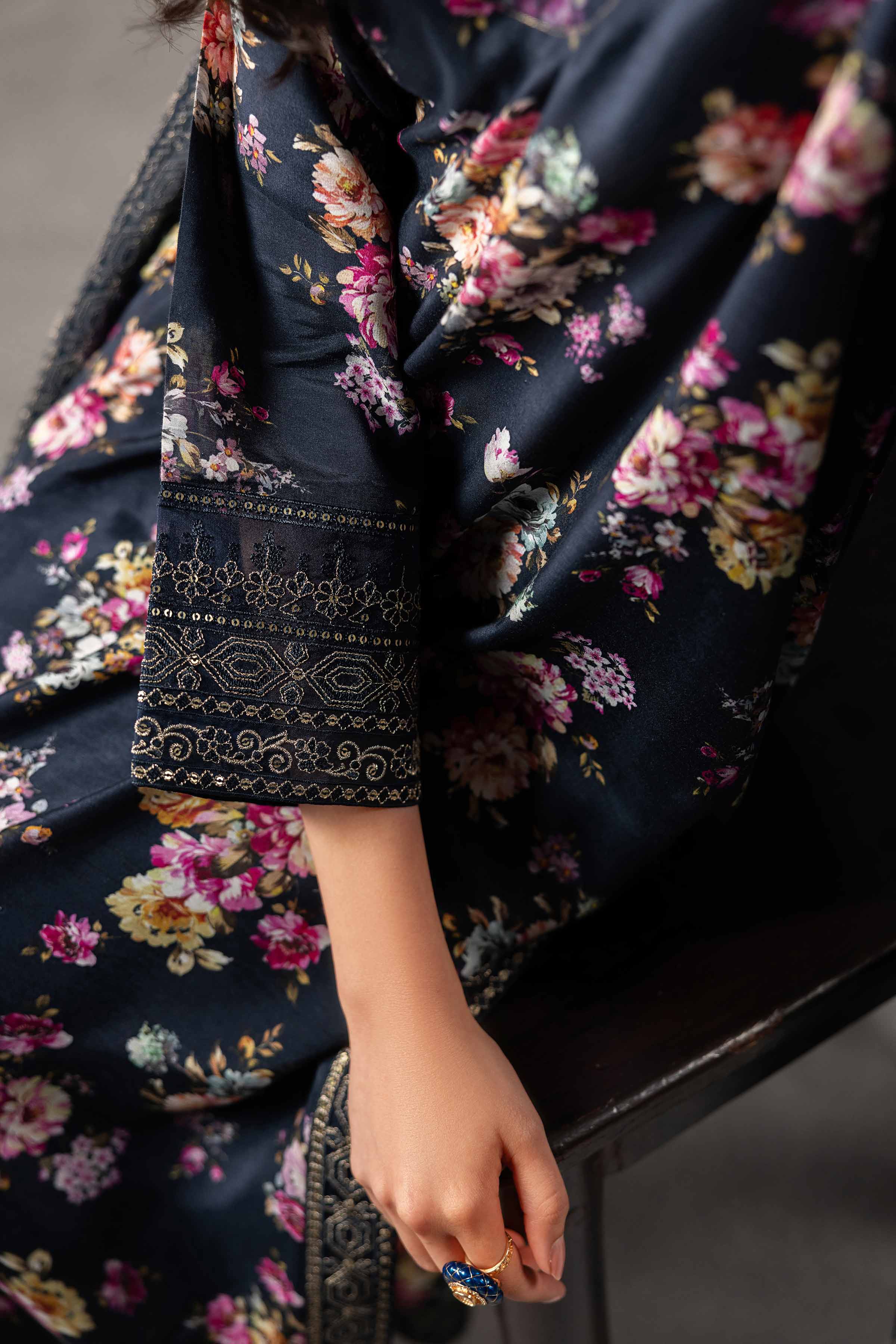 3 Piece - Printed Embroidered Suit - KFE26-118 Blue Silk 3PC Embroidered READY TO WEAR