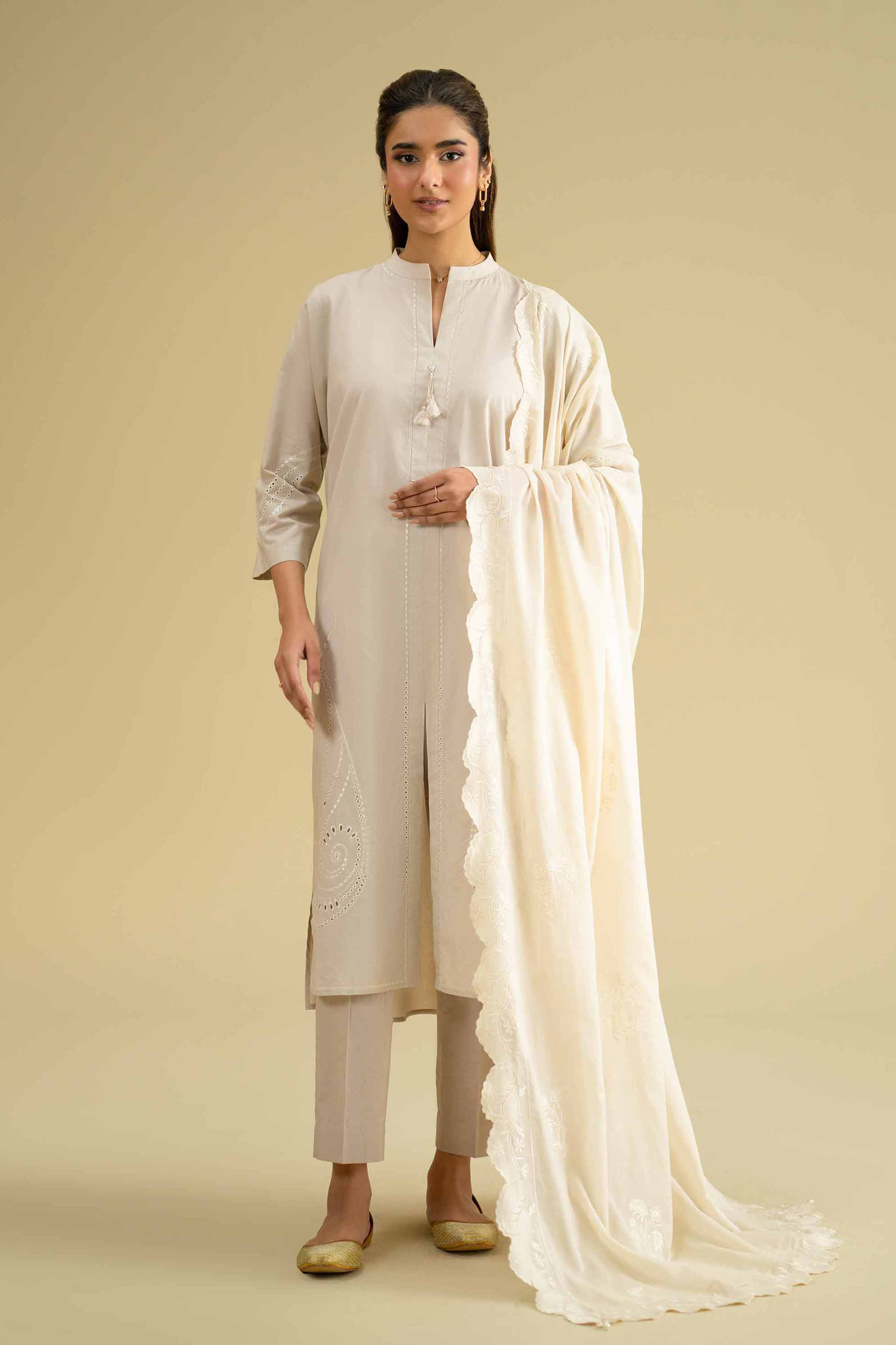 Embroidered Dupatta - KFE26-125 Off White Voile 1PC Embroidered LUXURY