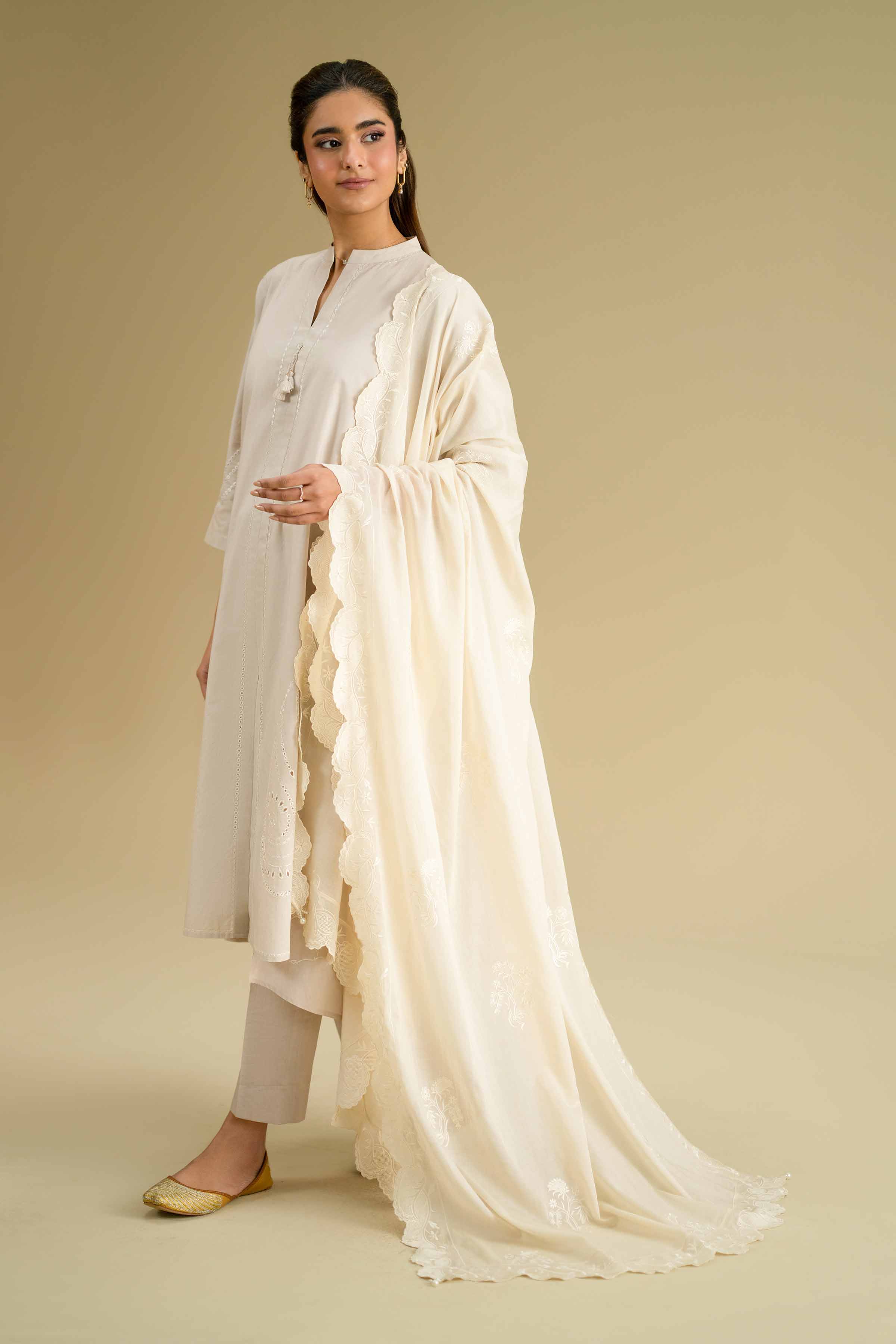 Embroidered Dupatta - KFE26-125 Off White Voile 1PC Embroidered LUXURY