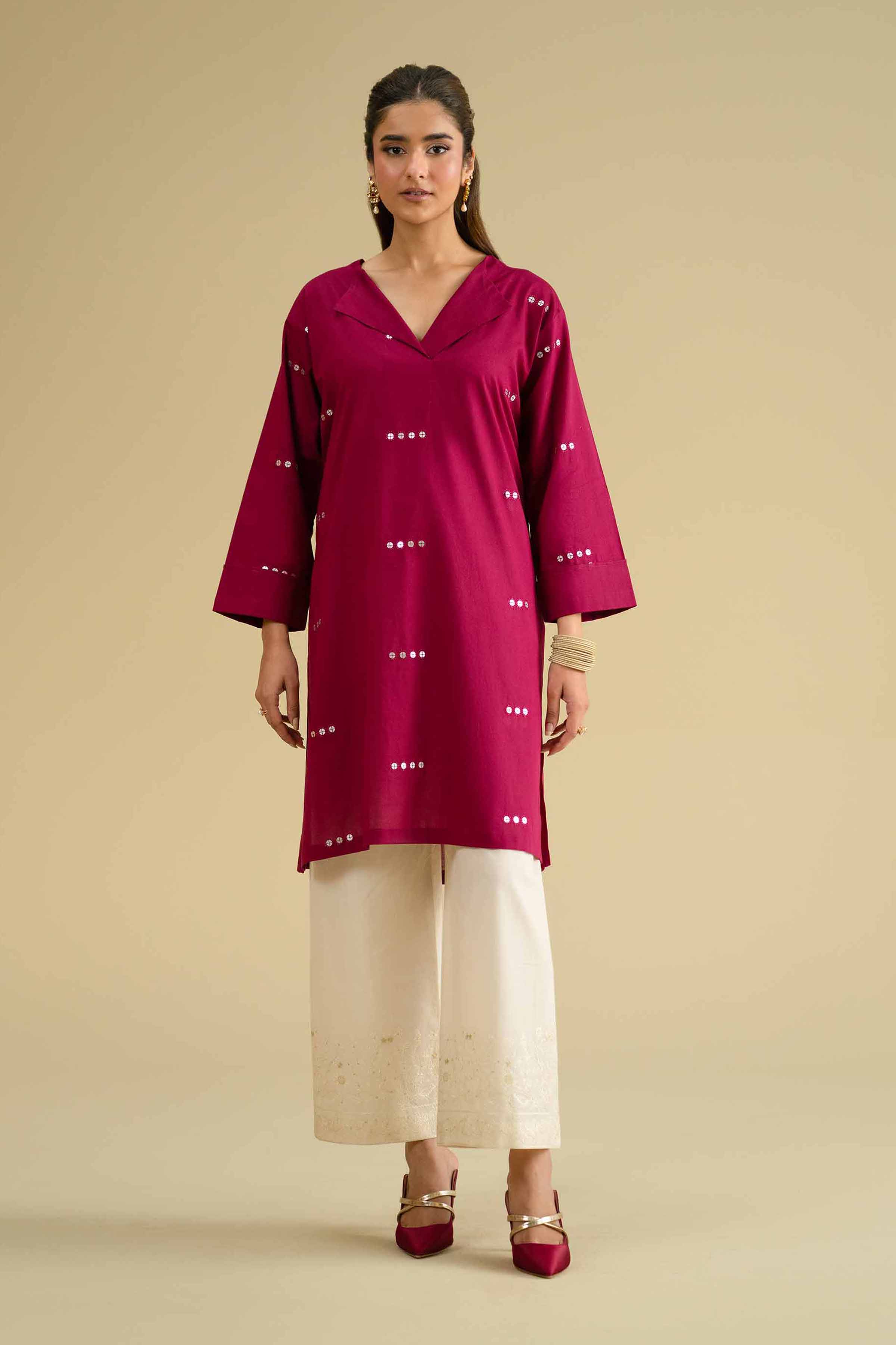 Embroidered Shirt - KFE26-13 Pink Cambric 1PC Embroidered LUXURY