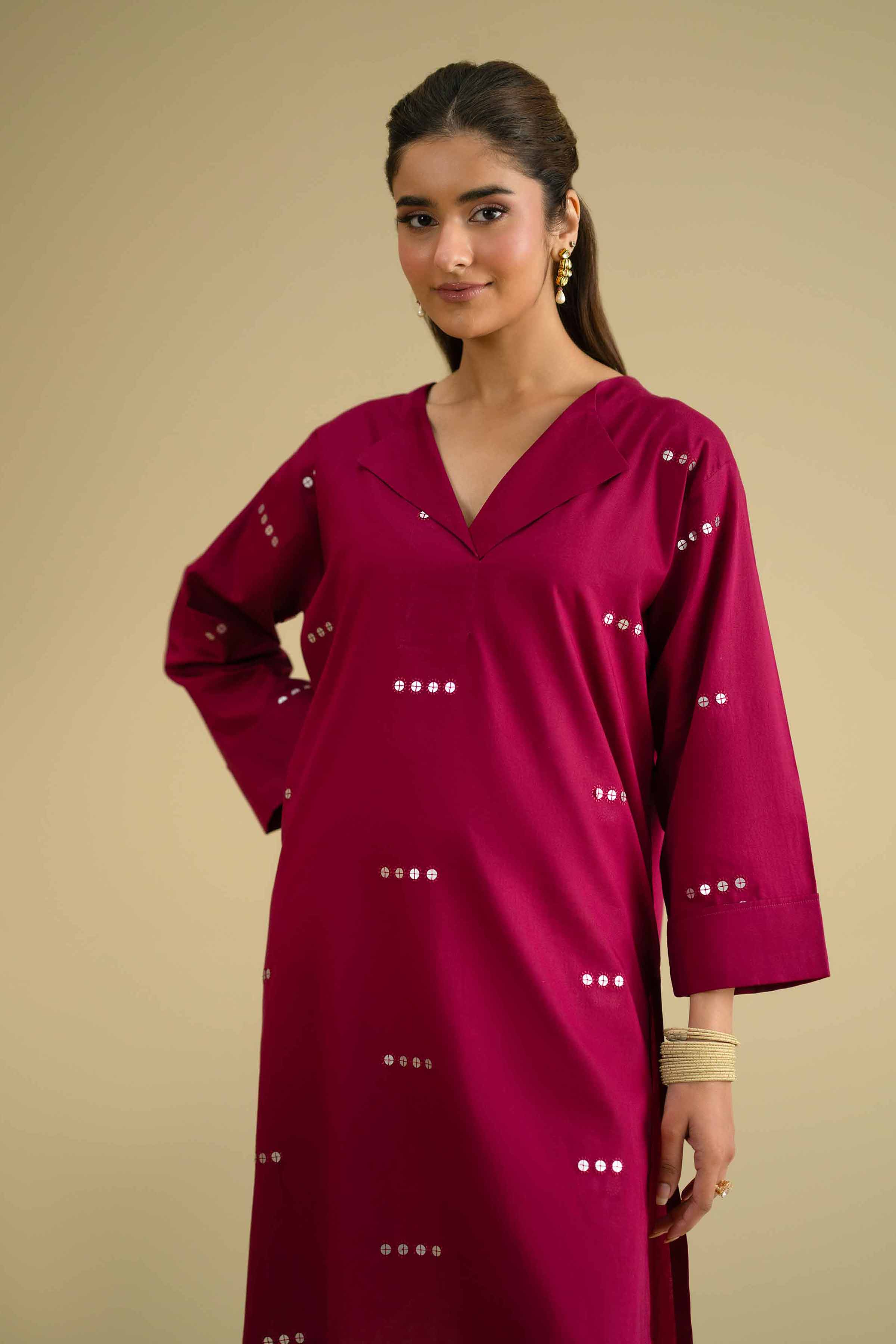 Embroidered Shirt - KFE26-13 Pink Cambric 1PC Embroidered LUXURY