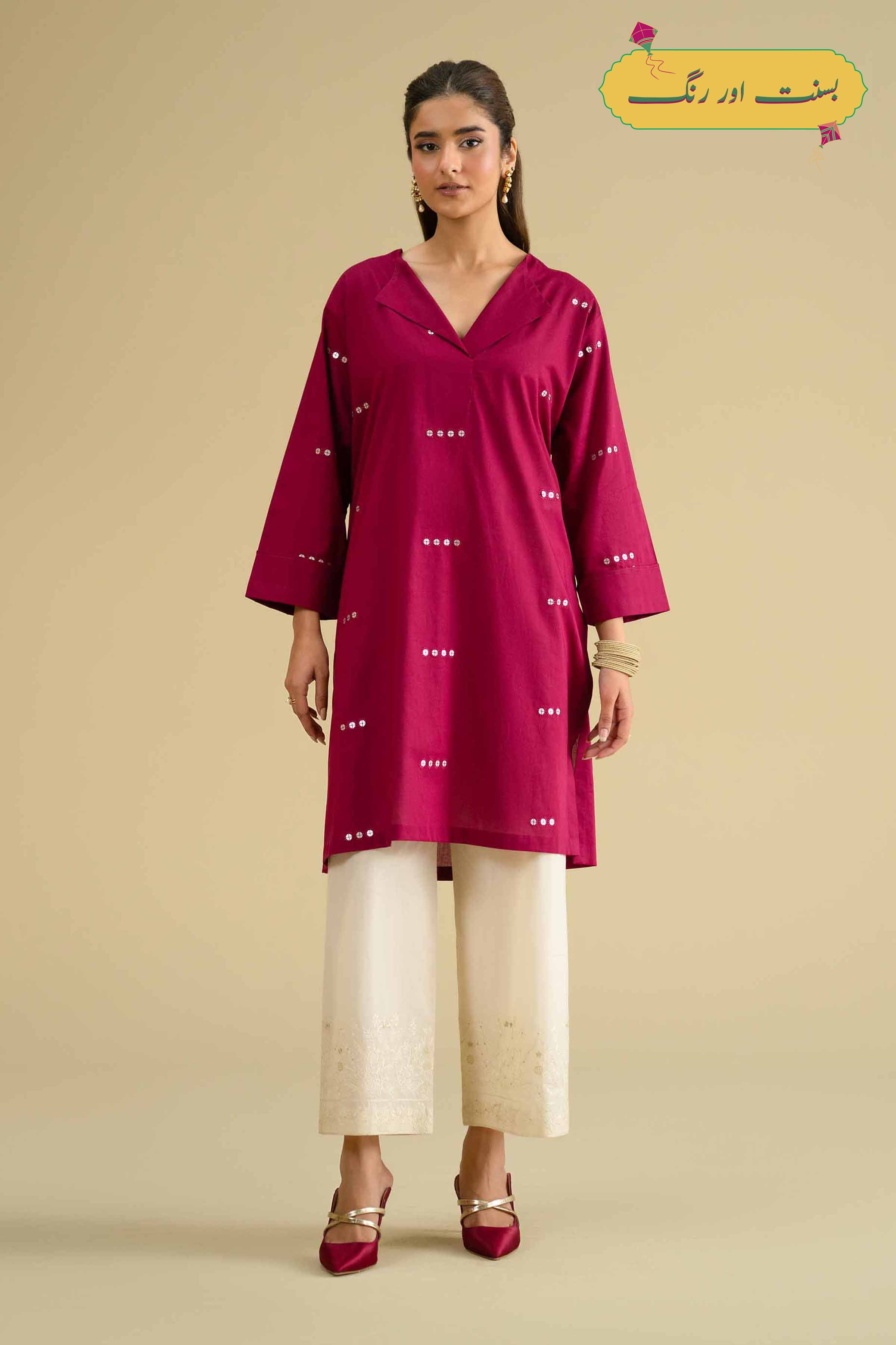 Embroidered Shirt - KFE26-13 Pink Cambric 1PC Embroidered LUXURY