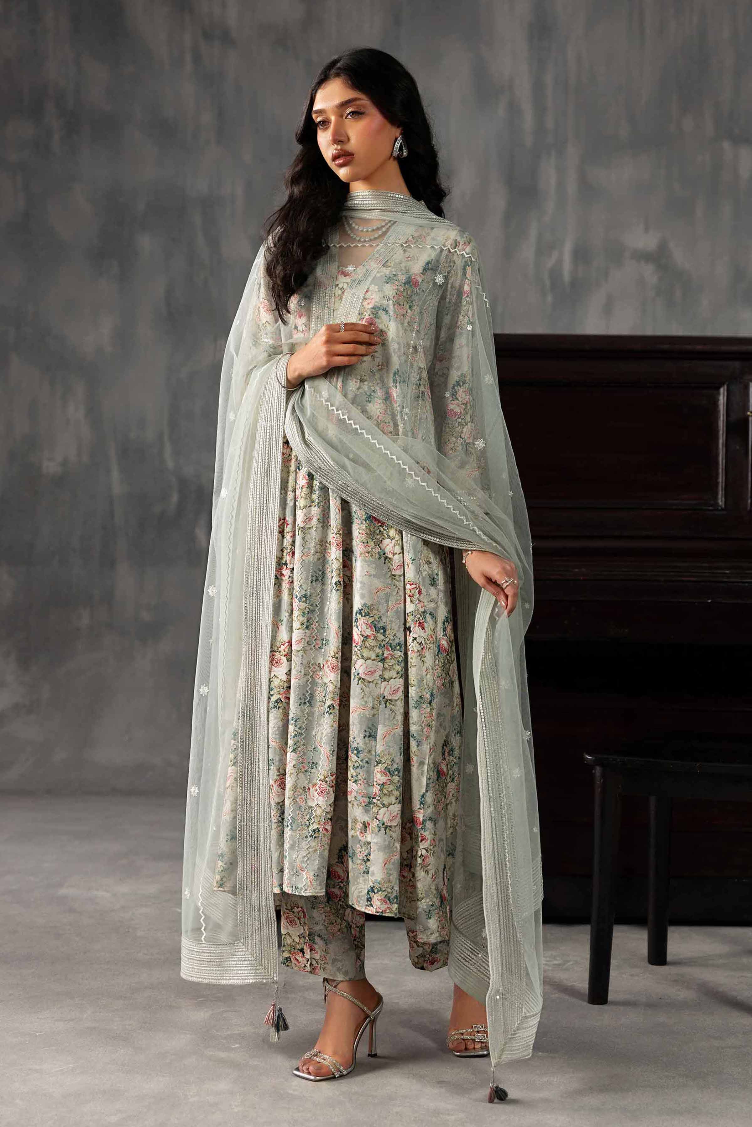 3 Piece - Printed Embroidered Suit - KFE26-130 Grey Silk  Embroidered A-Line shirt