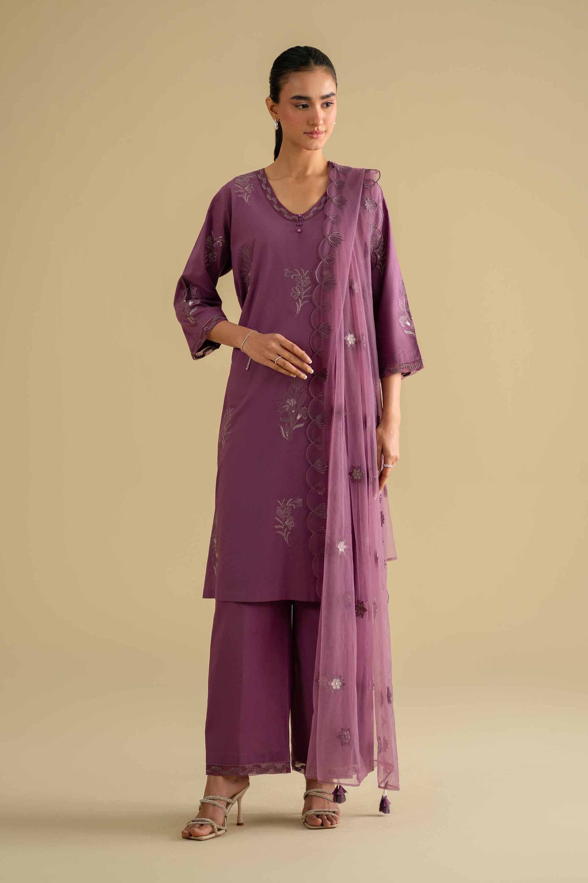 3 Piece - Embroidered Suit - KFE26-131 Purple Cambric 3PC Embroidered