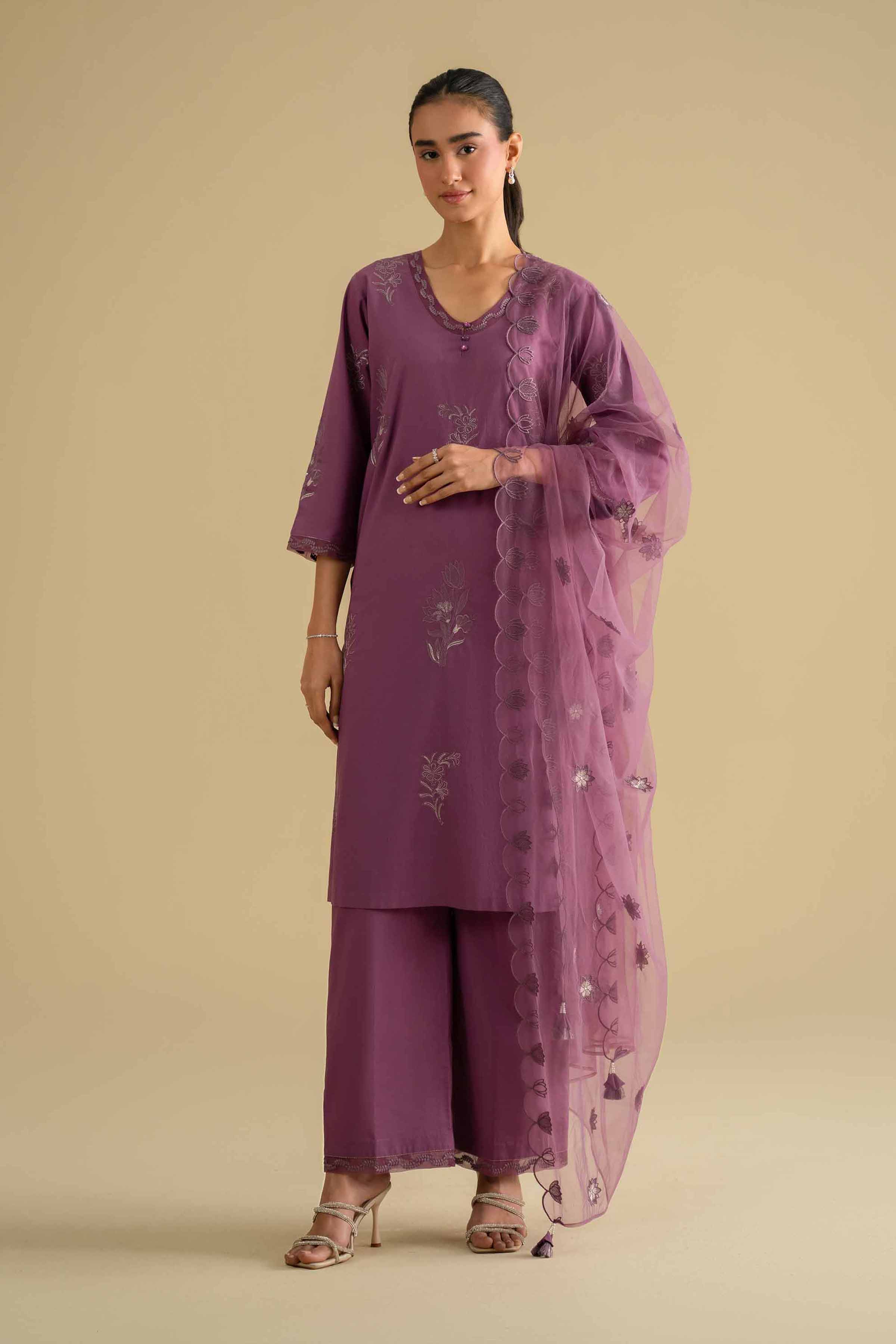 3 Piece - Embroidered Suit - KFE26-131 Purple Cambric 3PC Embroidered