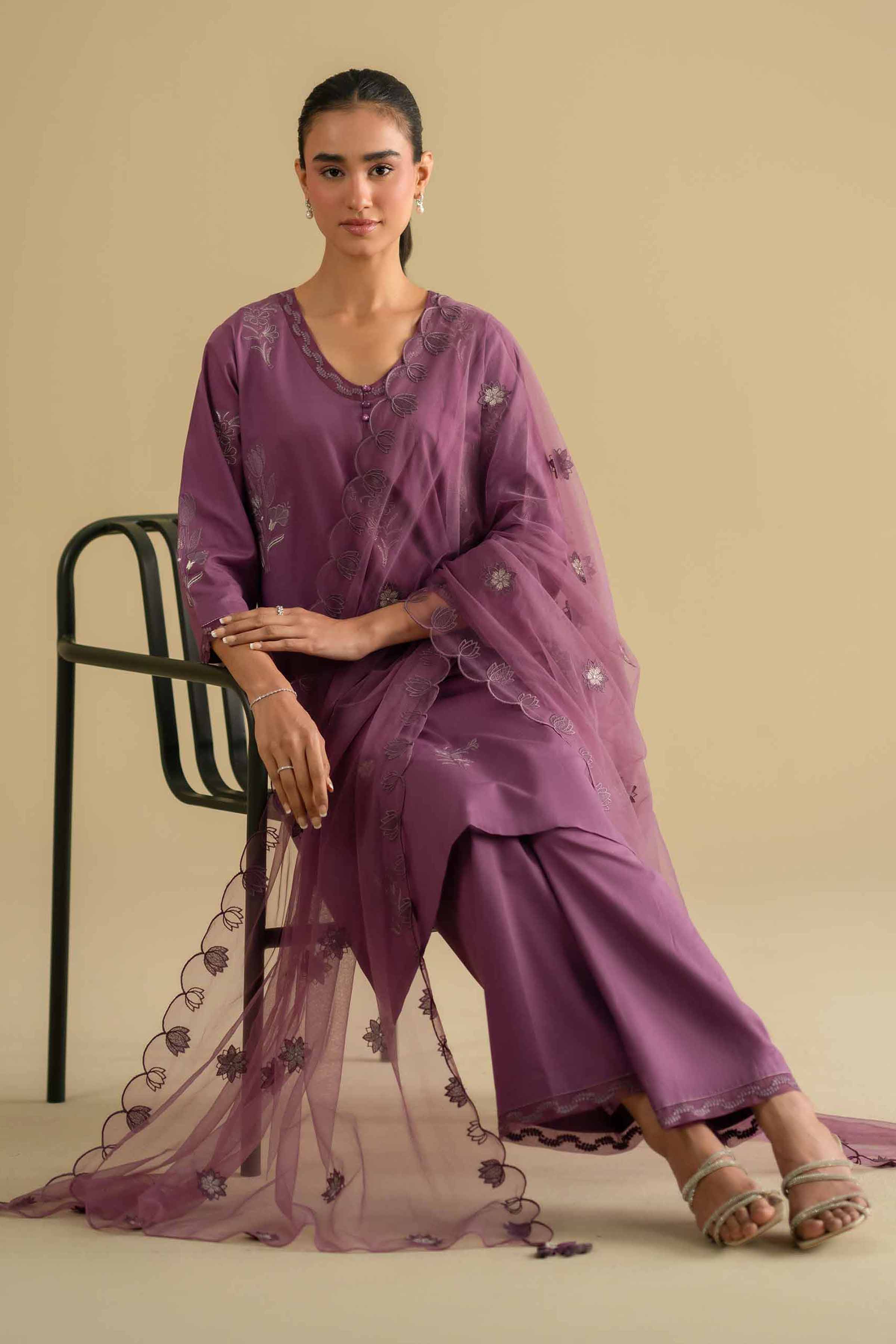 3 Piece - Embroidered Suit - KFE26-131 Purple Cambric 3PC Embroidered