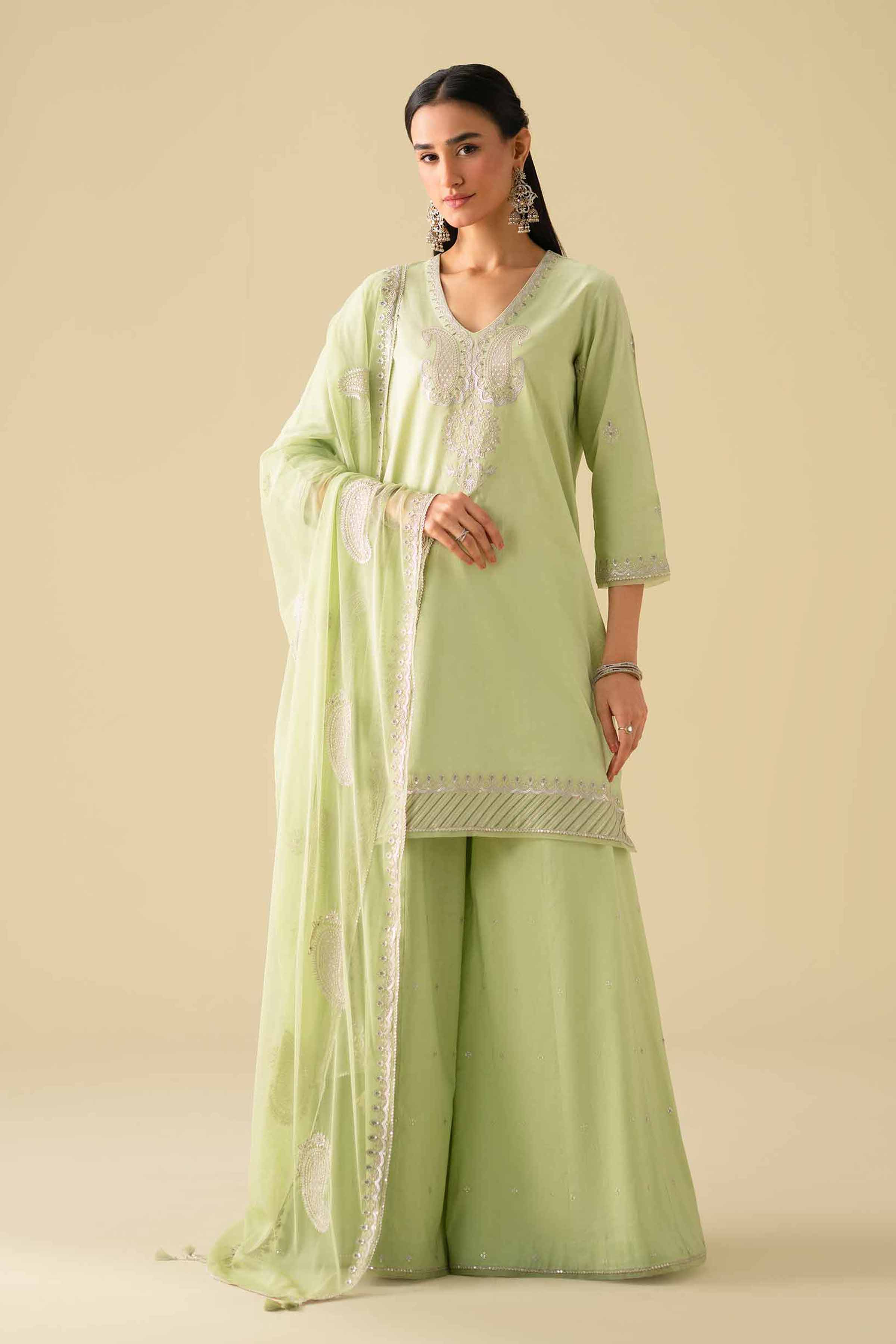 3 Piece - Embroidered Suit - KFE26-132 Green Cambric 3PC Embroidered