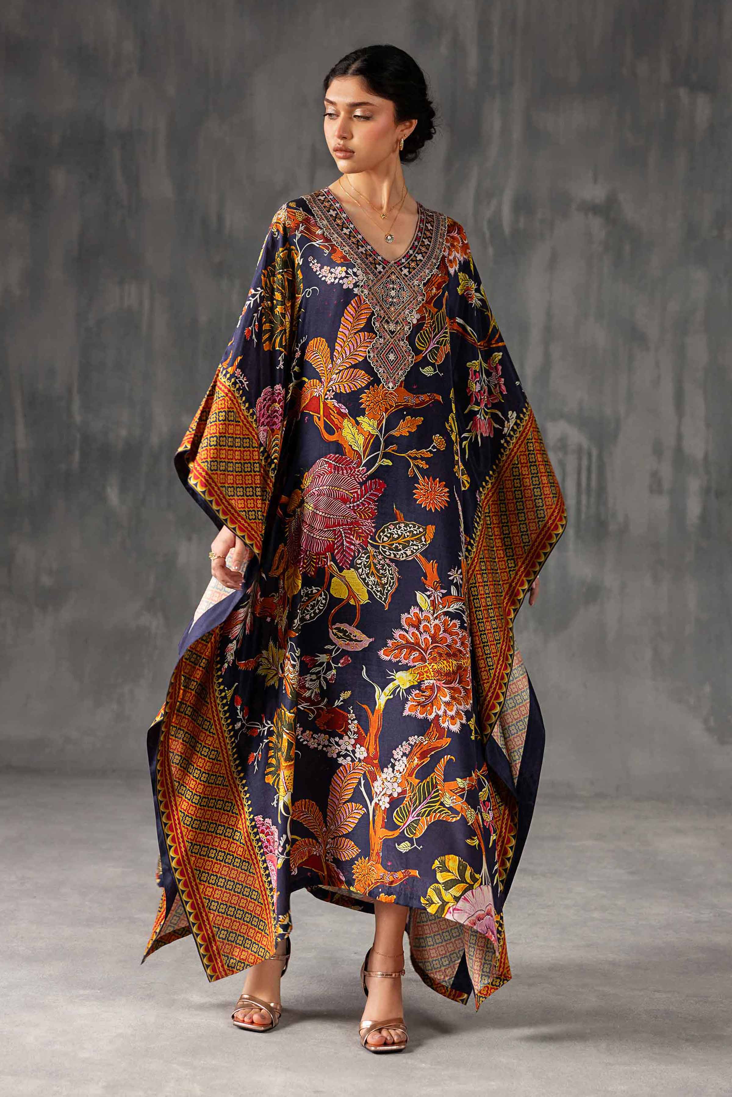 Printed Embroidered Kaftan - KFE26-134 Multi Silk 1PC Embroidered
