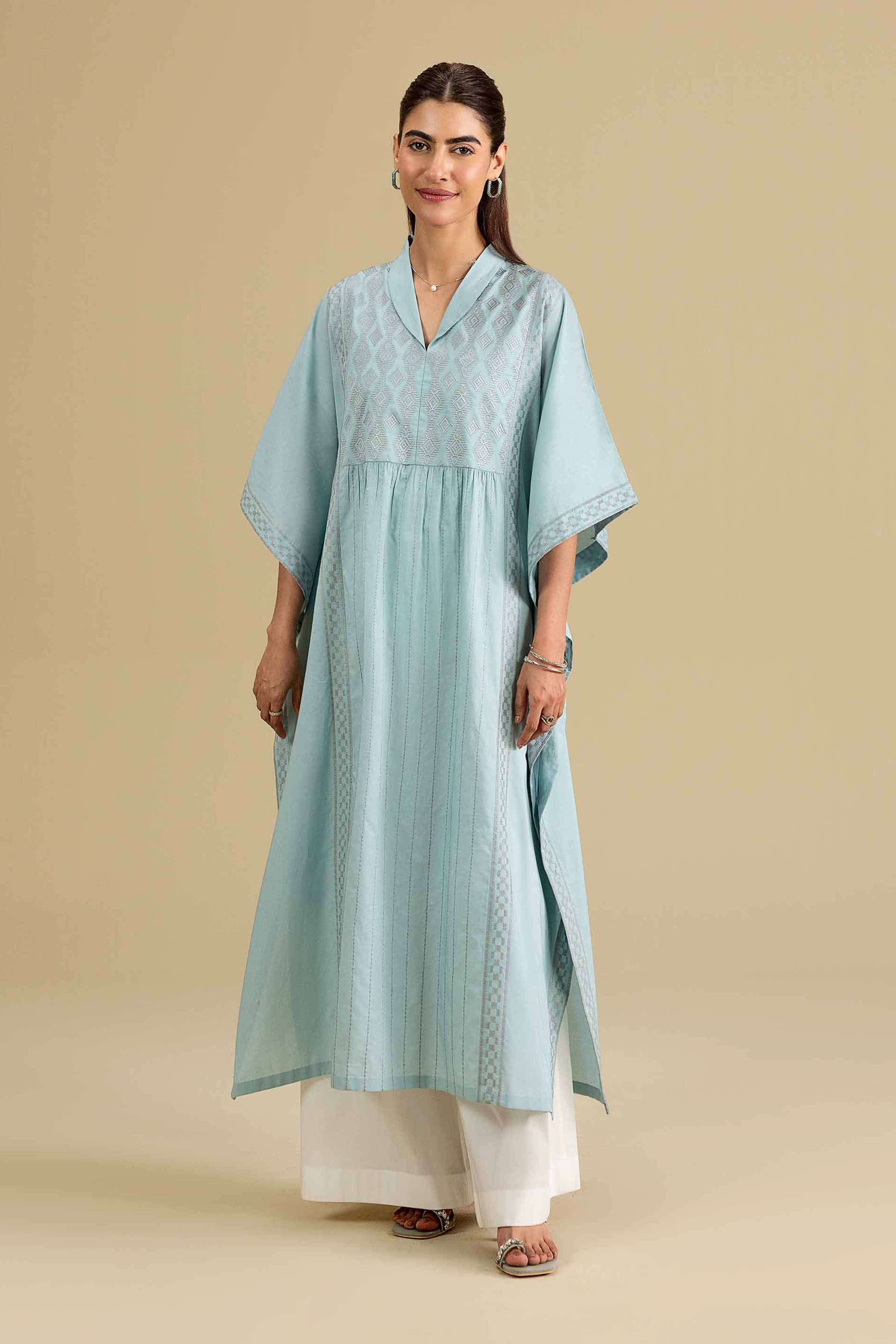 Embroidered Kaftan - KFE26-136 Blue Cambric 1PC Embroidered READY TO WEAR