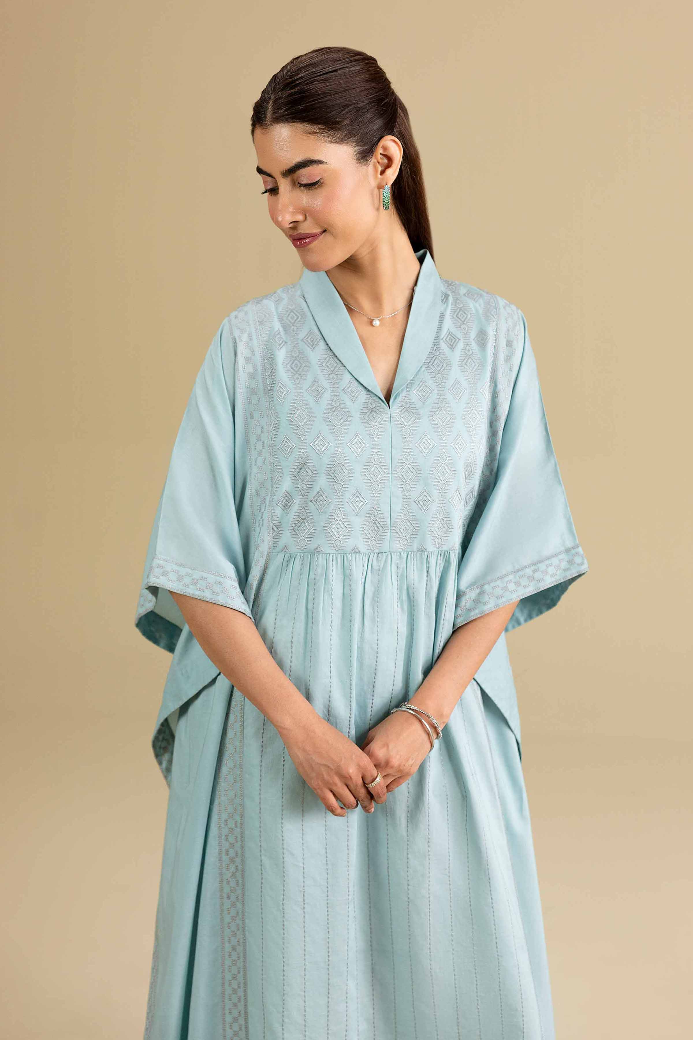 Embroidered Kaftan - KFE26-136 Blue Cambric 1PC Embroidered READY TO WEAR
