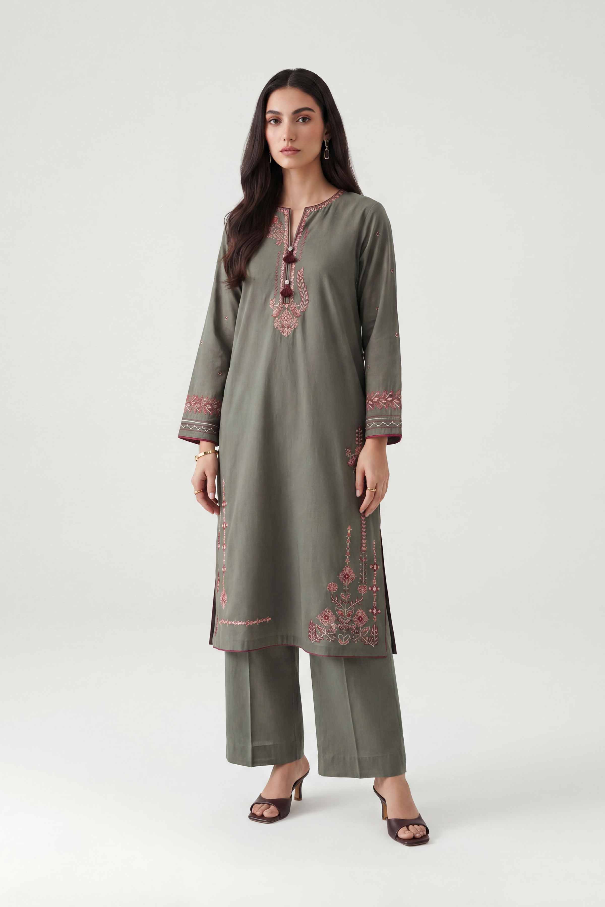 Embroidered Shirt - KFE26-137 Green Cambric  Embroidered A-Line shirt