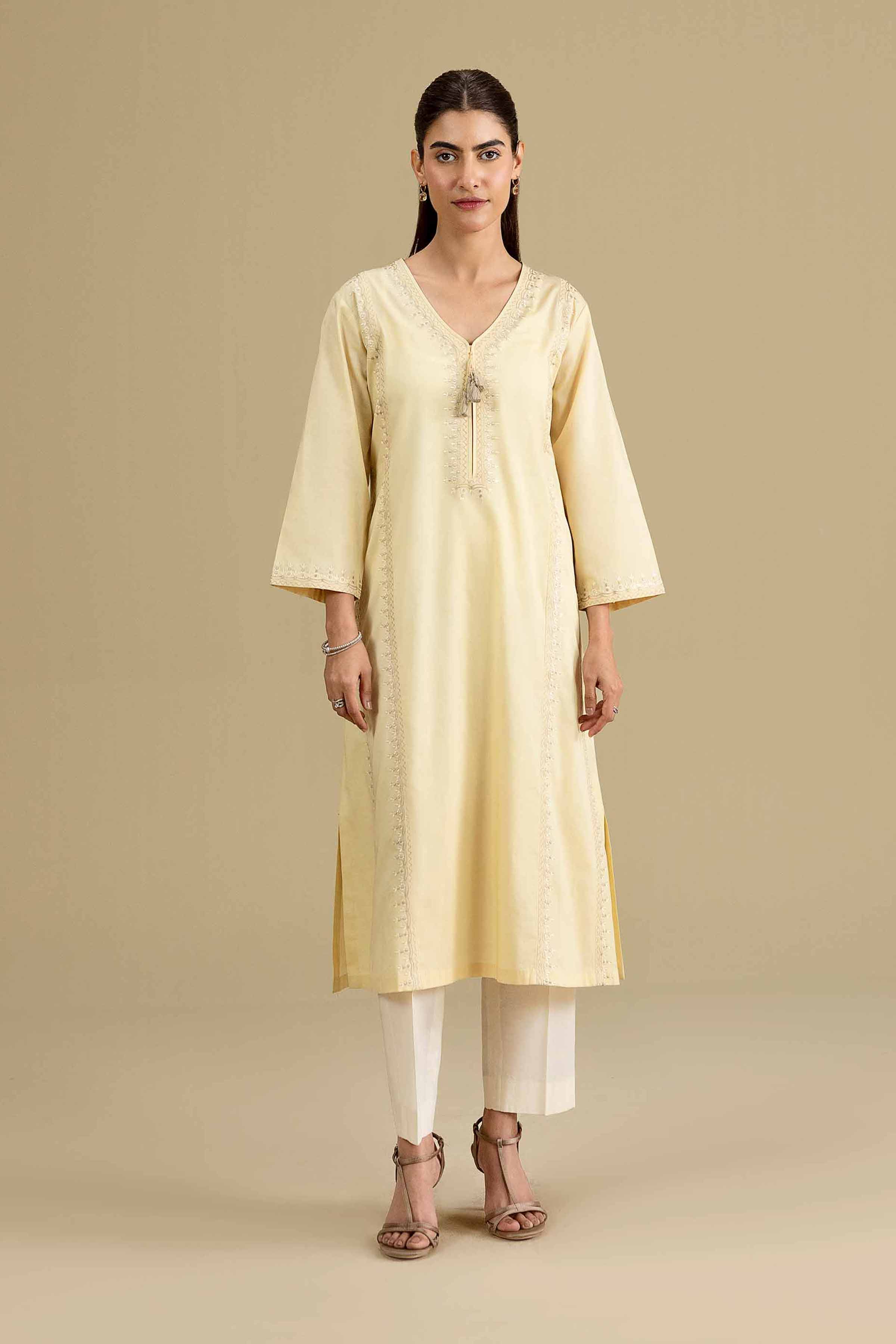 Embroidered Shirt - KFE26-138 Yellow Cambric 1PC Embroidered READY TO WEAR