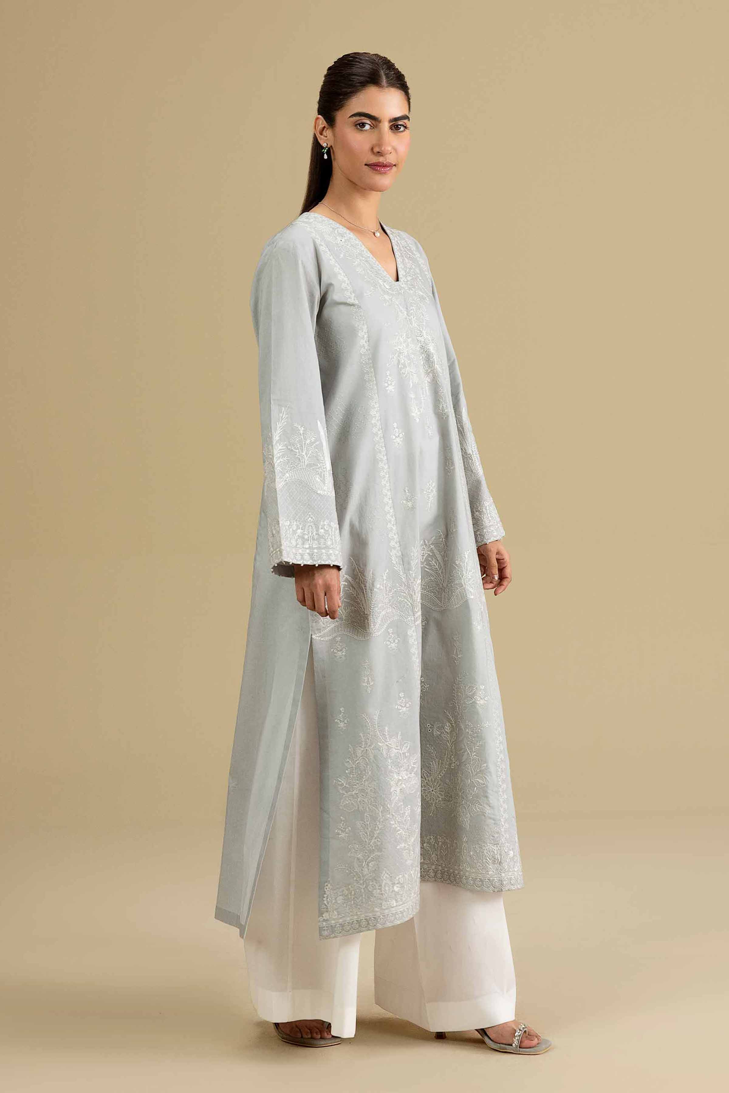 Embroidered Shirt - KFE26-141 Grey Cambric 1PC Embroidered READY TO WEAR