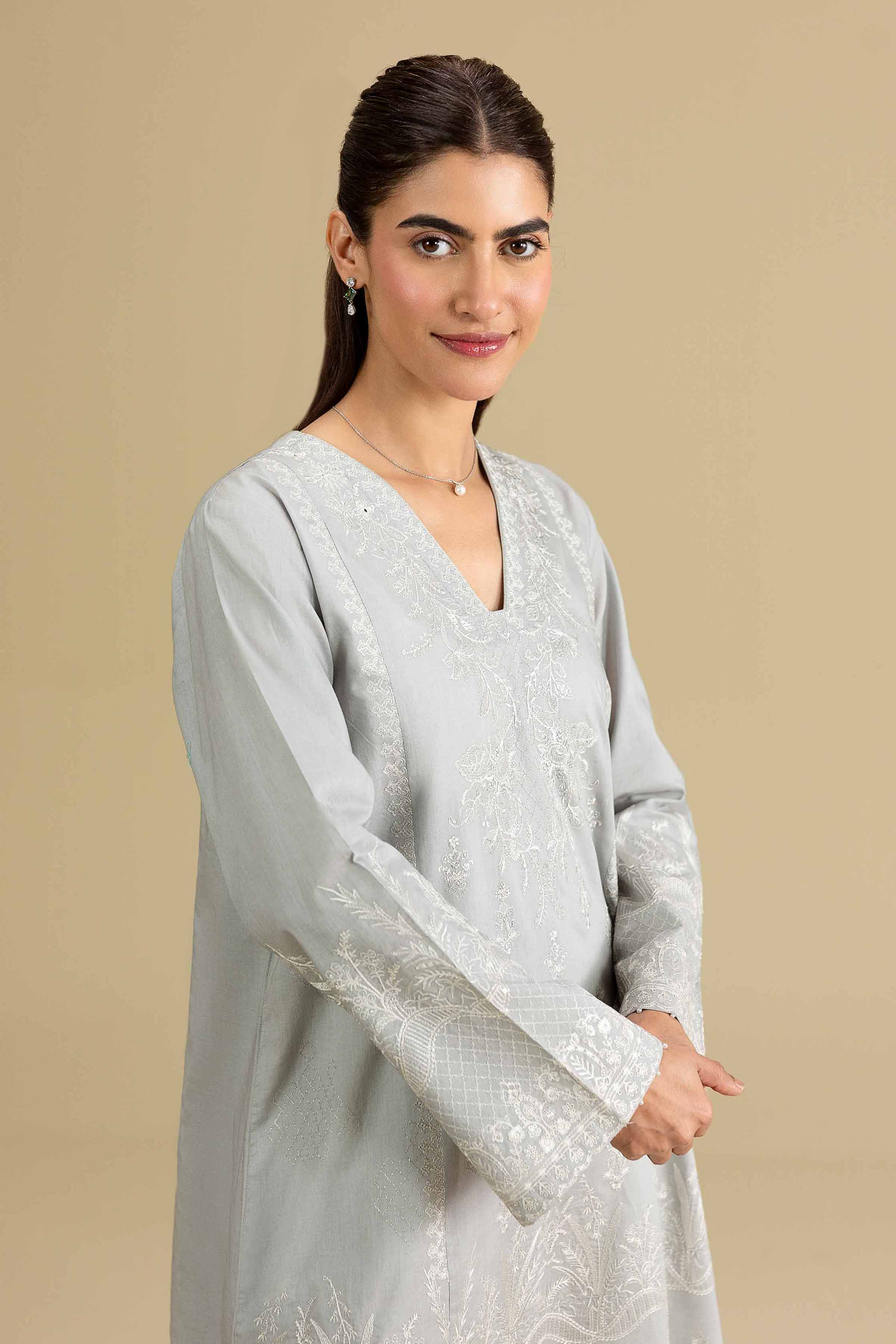 Embroidered Shirt - KFE26-141 Grey Cambric 1PC Embroidered READY TO WEAR