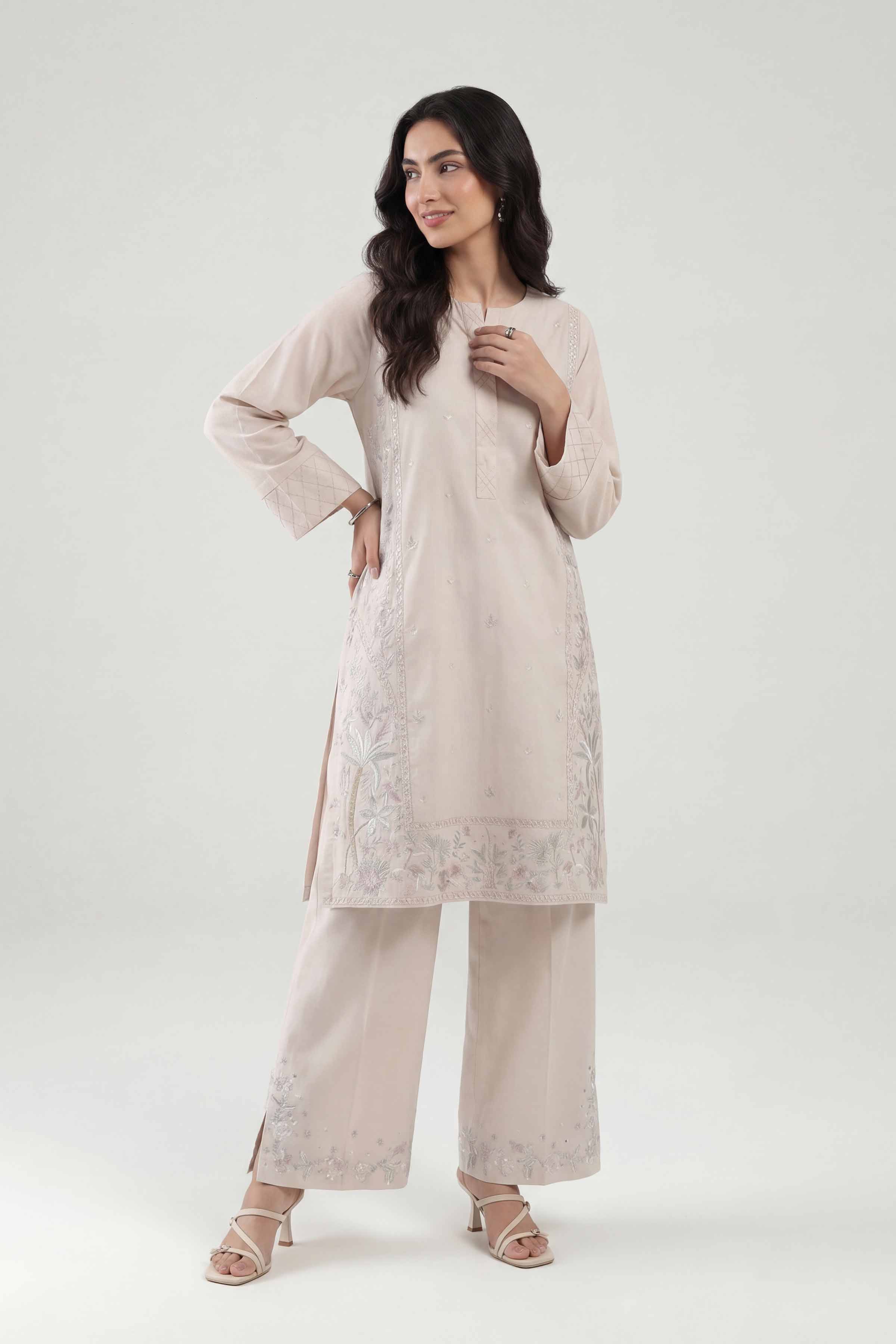 2 Piece - Embroidered Suit - KFE26-158 Pink Cambric  Embroidered Straight shirt
