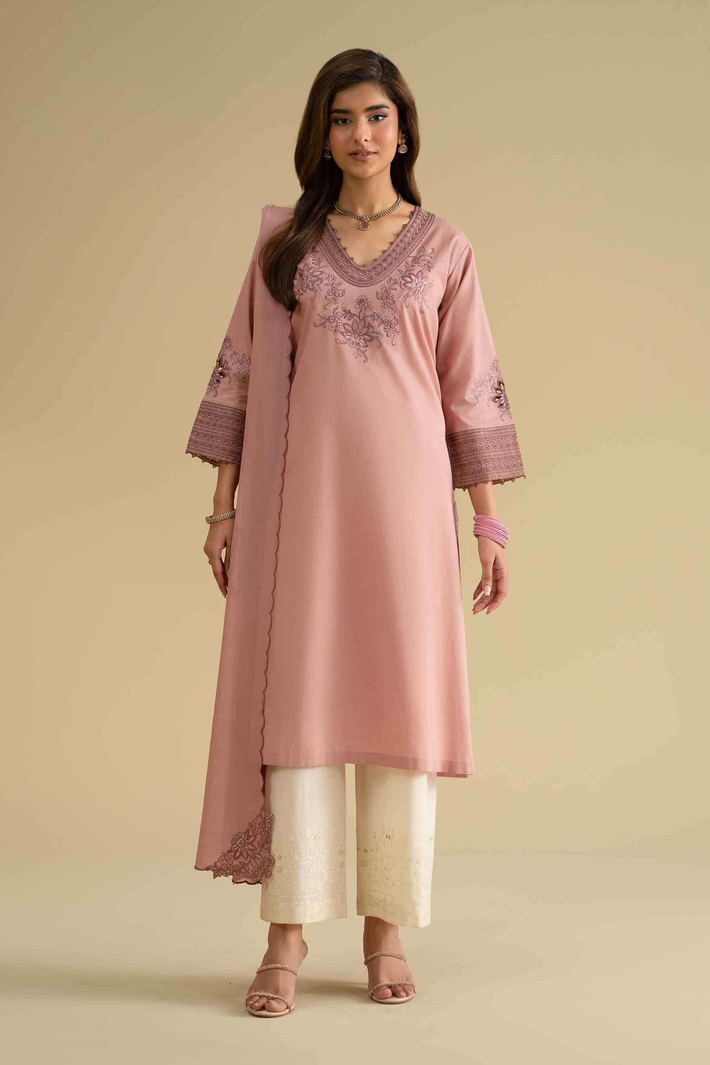 2 Piece - Embroidered Suit - KFE26-17 Pink Cambric 2PC Embroidered LUXURY