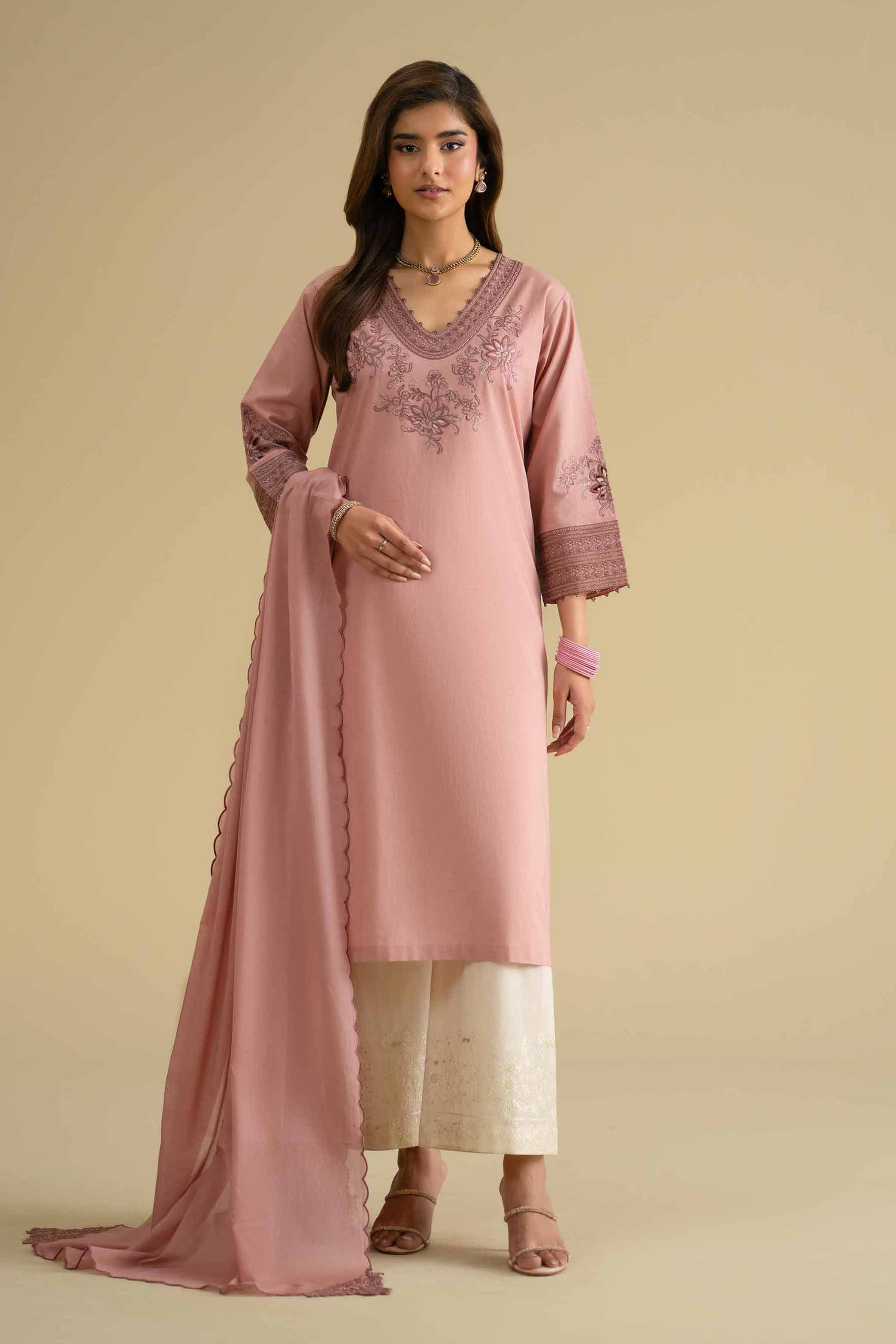2 Piece - Embroidered Suit - KFE26-17 Pink Cambric 2PC Embroidered LUXURY