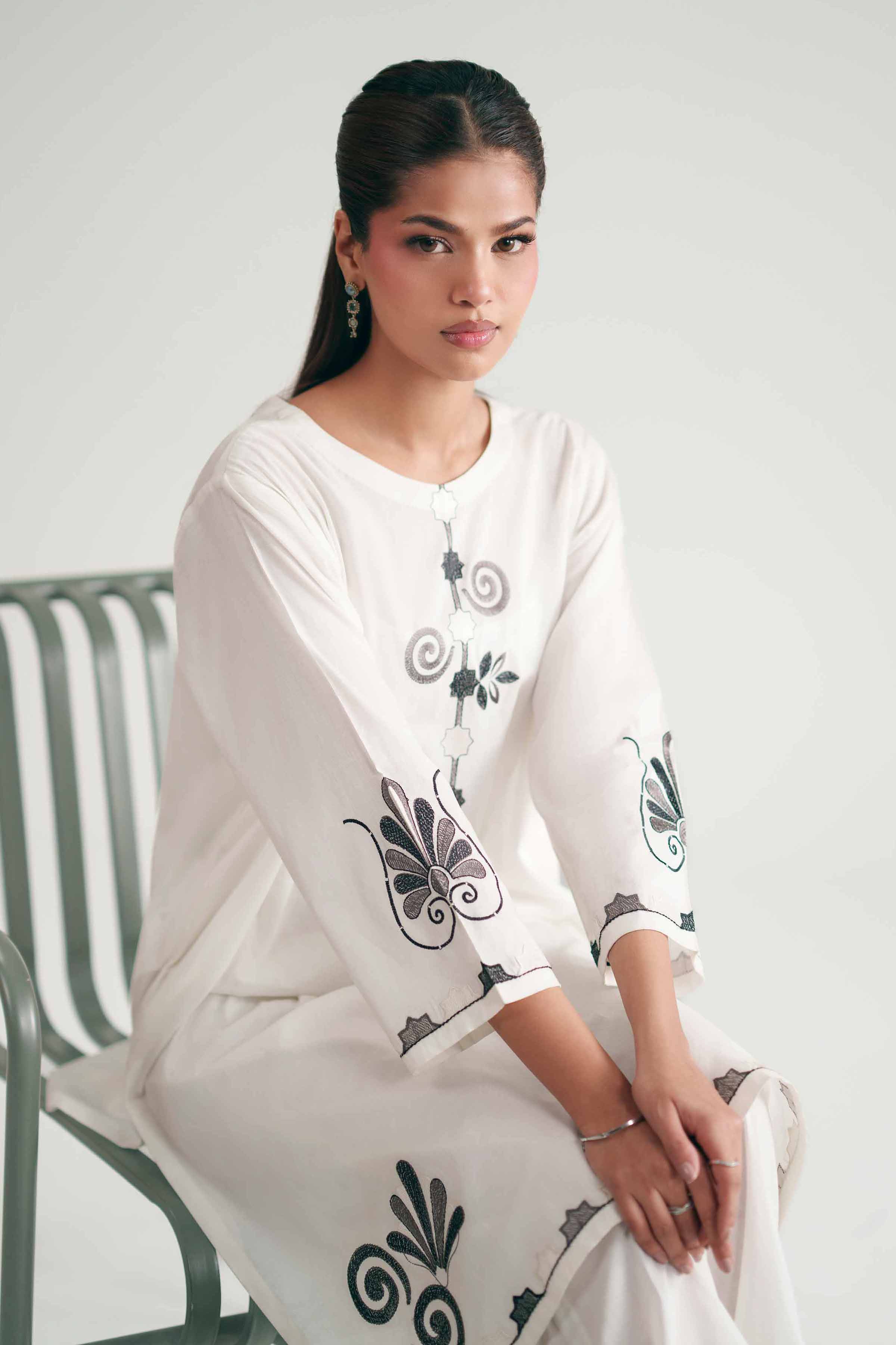 2 Piece - Embroidered Suit - KFE26-171 White Cambric 2PC Embroidered READY TO WEAR