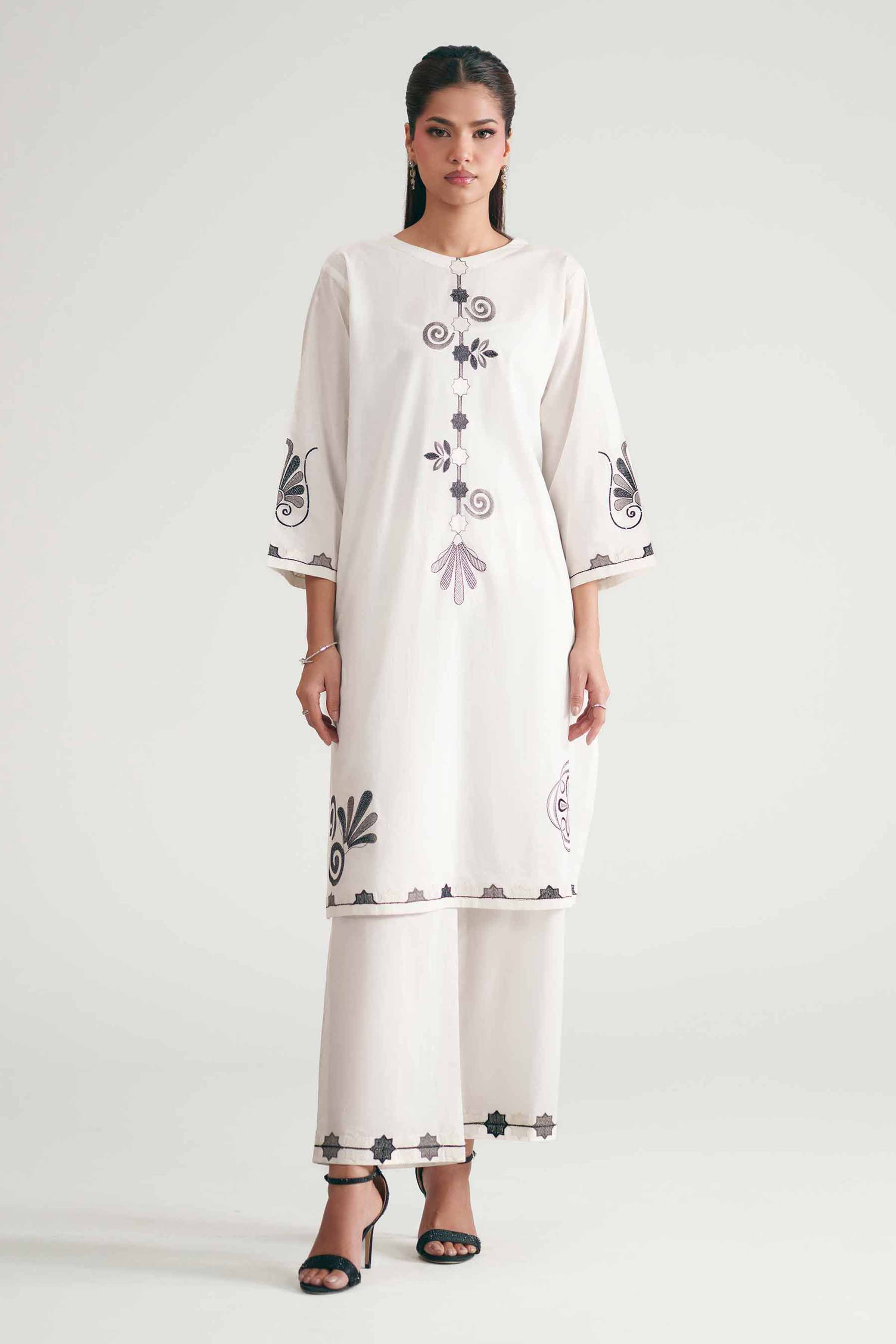 2 Piece - Embroidered Suit - KFE26-171 White Cambric 2PC Embroidered READY TO WEAR