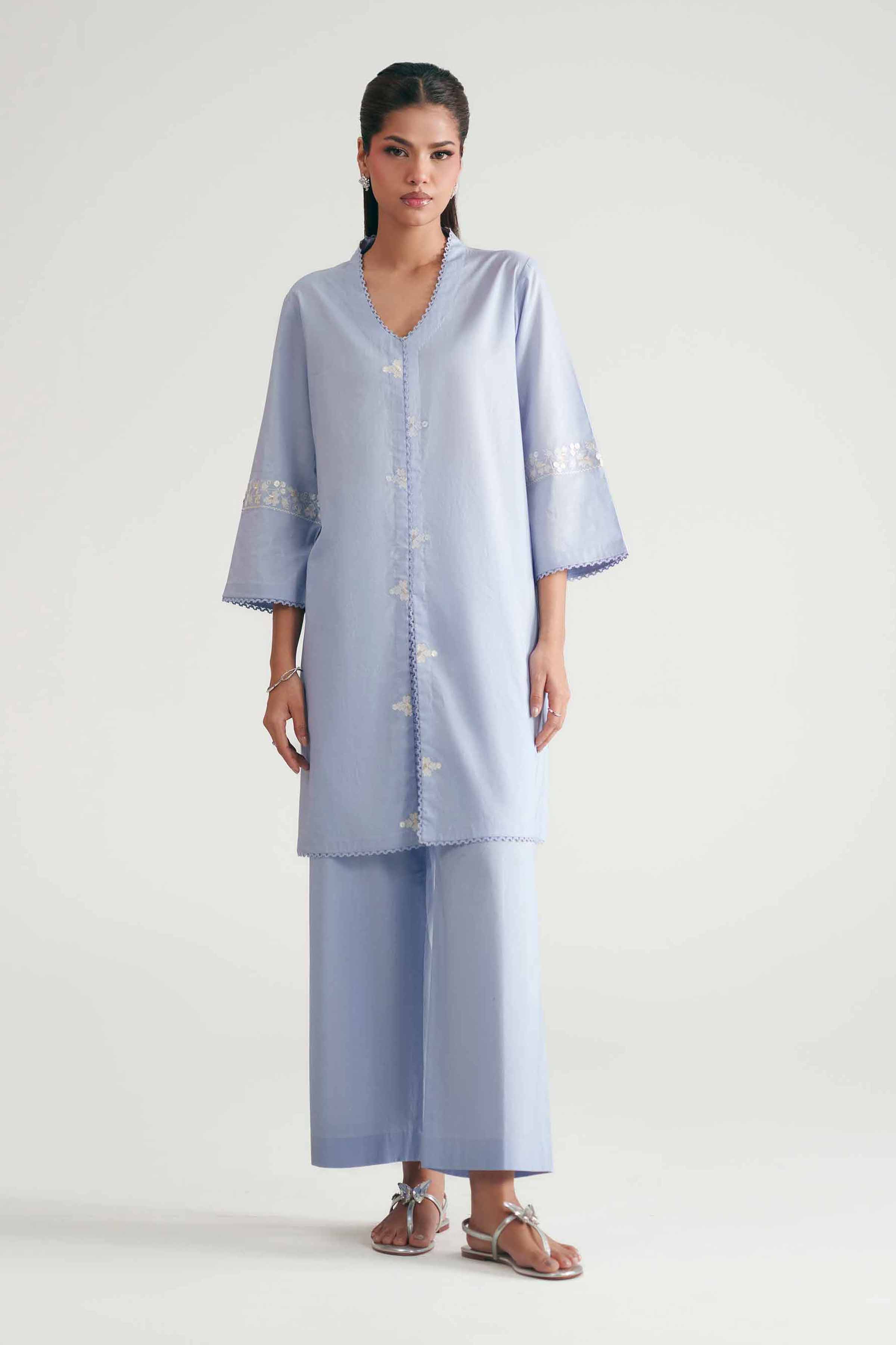 2 Piece - Embroidered Suit - KFE26-174 Blue Cambric  Embroidered Straight shirt