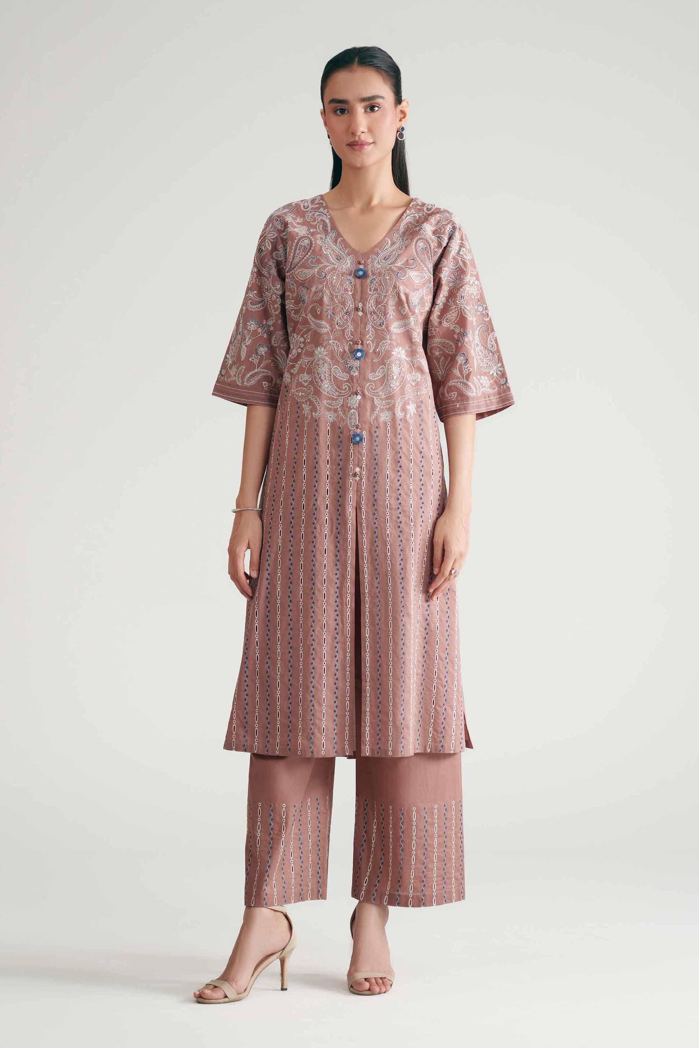 2 Piece - Embroidered Suit - KFE26-175 Brown Cambric 2PC Embroidered READY TO WEAR